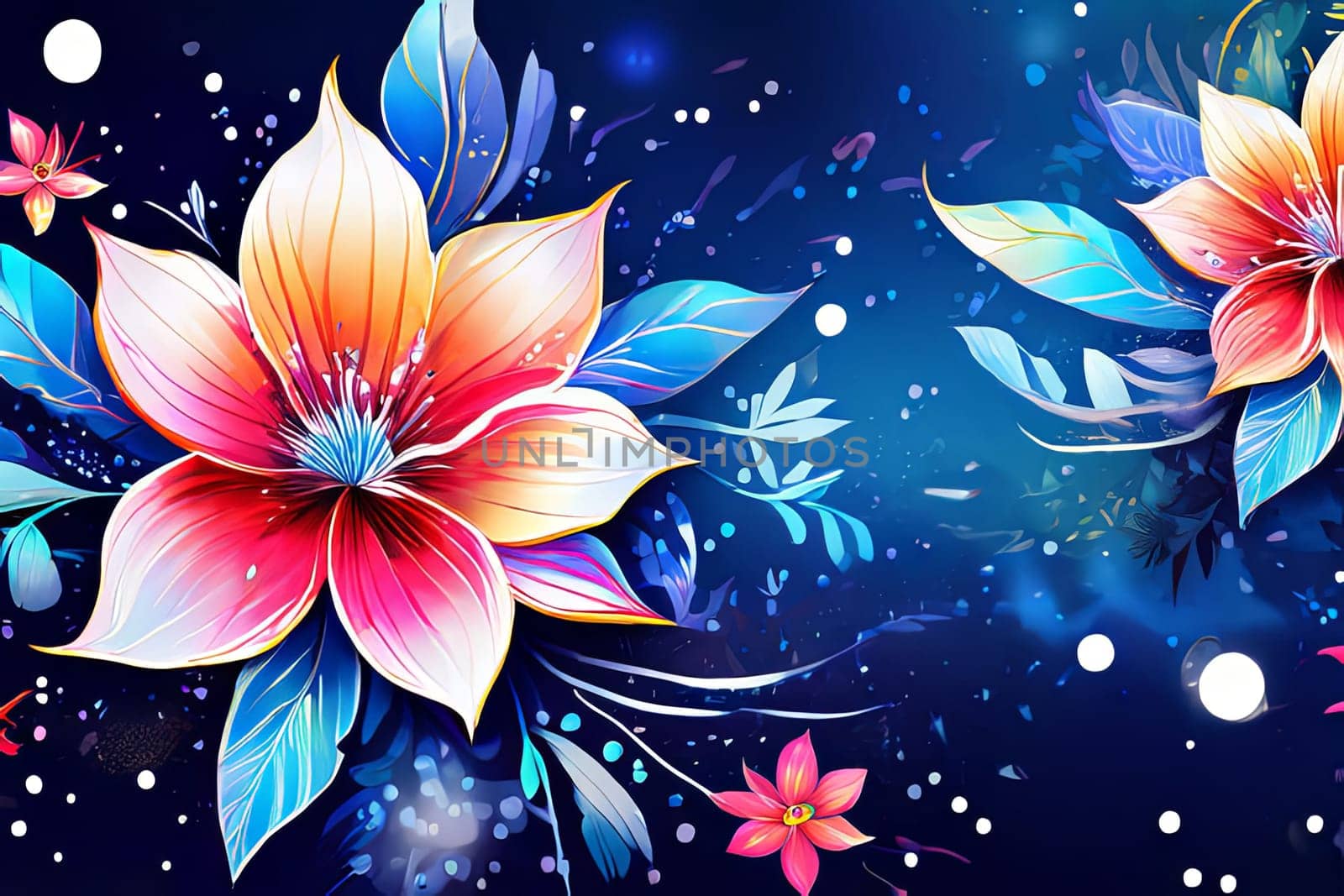 Vibrant colorful flowers set against dark background. For meditation apps, on covers of books about spiritual growth, in designs for yoga studios, spa salons, illustration for articles on inner peace