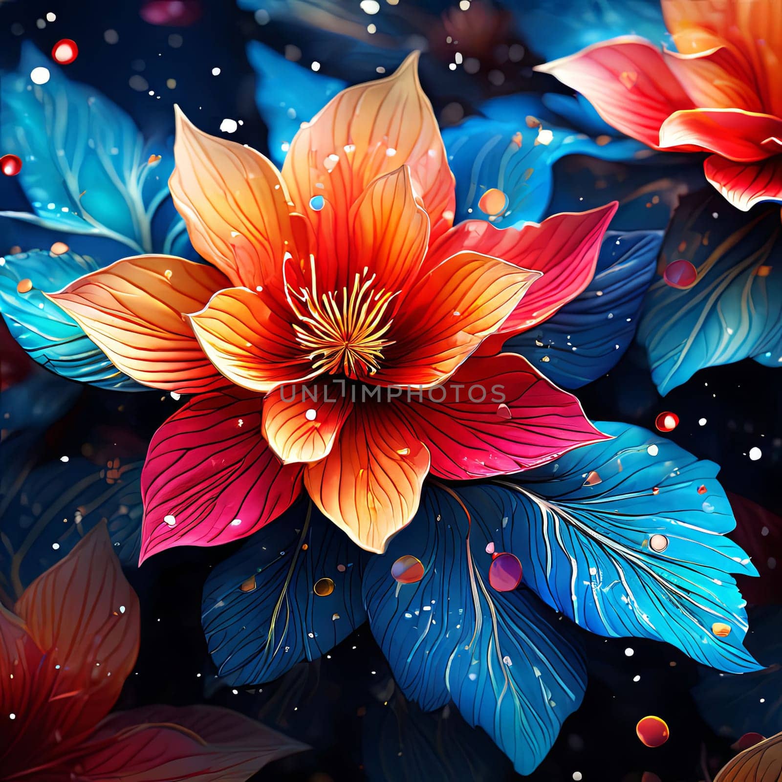 Striking, colorful flower painting with intricate details, vivid hues, beautifully contrasted against dark, black background. For interior design, textiles, clothing, gift wrapping, web design, print