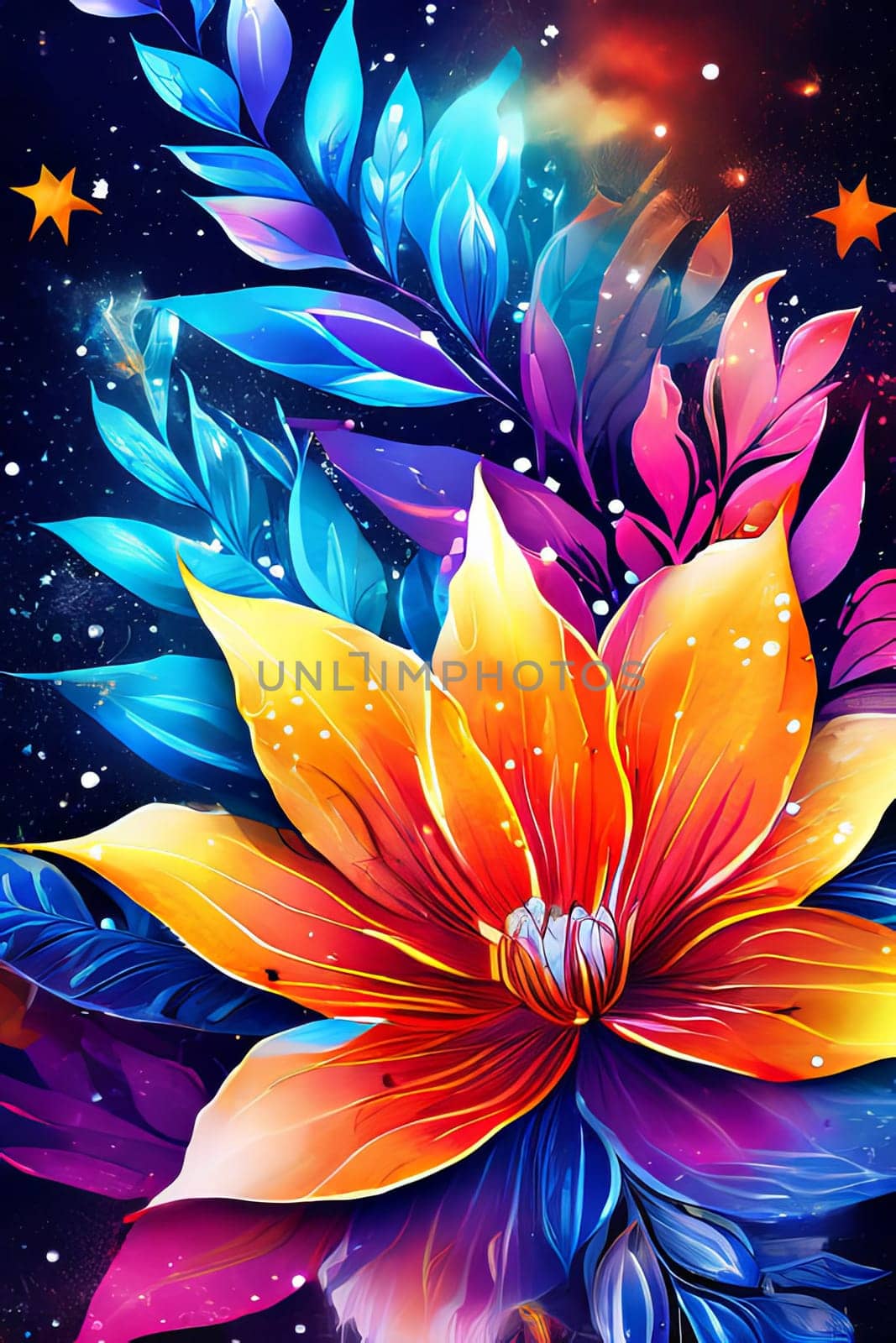 Vibrant flower painting set against dark backdrop. Bright colors of flowers pop out, creating visually appealing, captivating piece of artwork. For art, creative projects, fashion, style, magazines