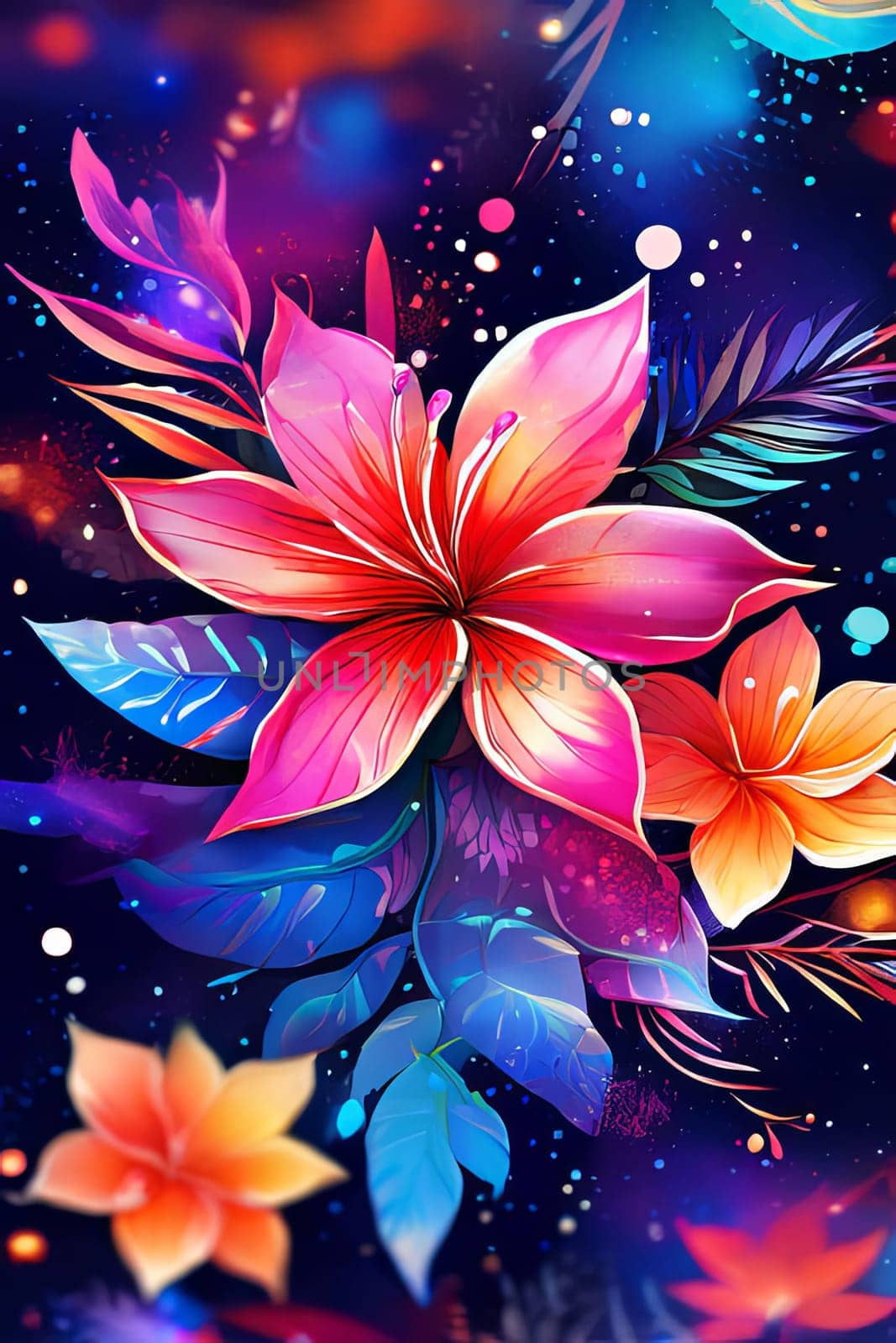 Vibrant colorful flowers set against dark background. For meditation apps, on covers of books about spiritual growth, in designs for yoga studios, spa salons, illustration for articles on inner peace