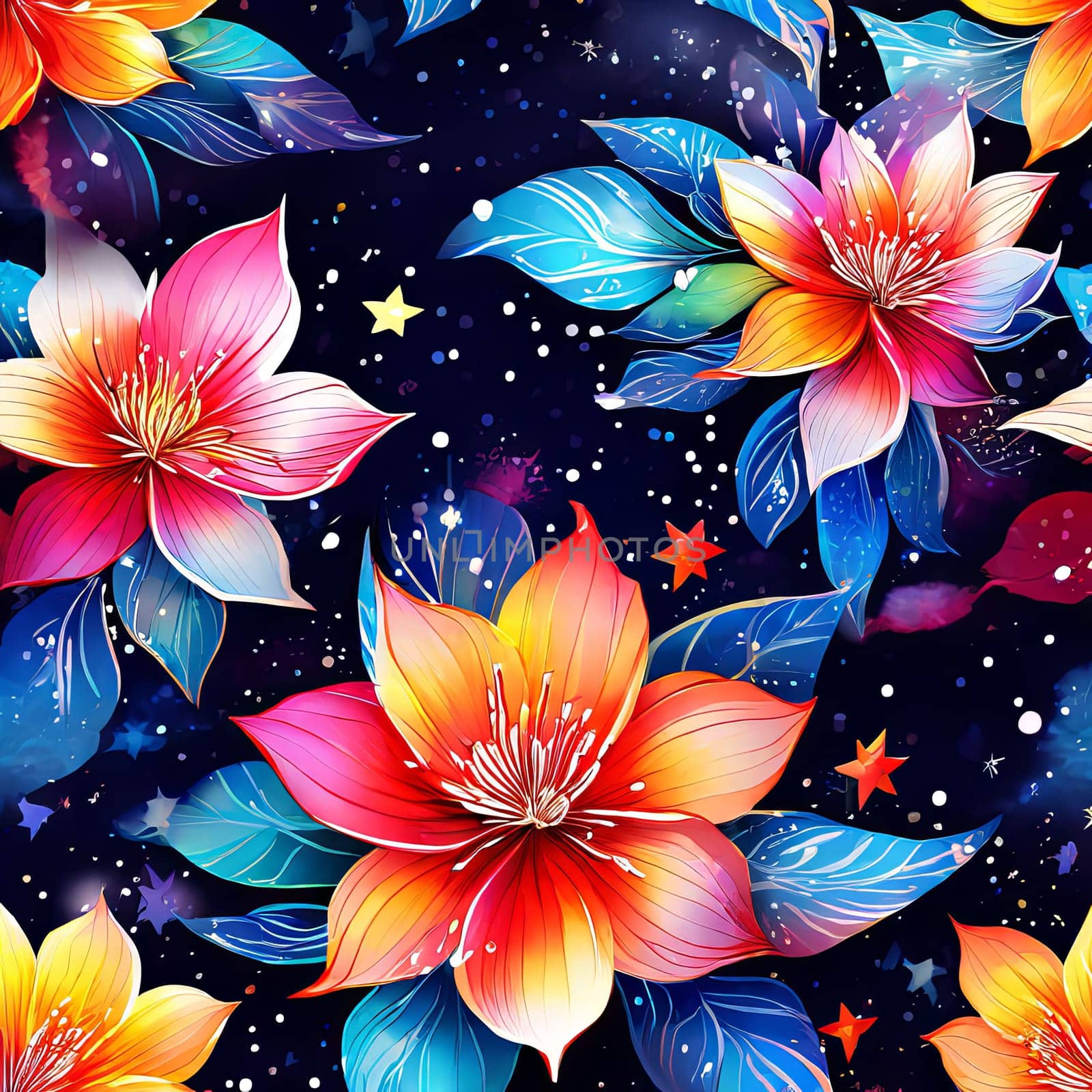 Vibrant colorful flowers set against dark background. For meditation apps, on covers of books about spiritual growth, in designs for yoga studios, spa salons, illustration for articles on inner peace. by Angelsmoon