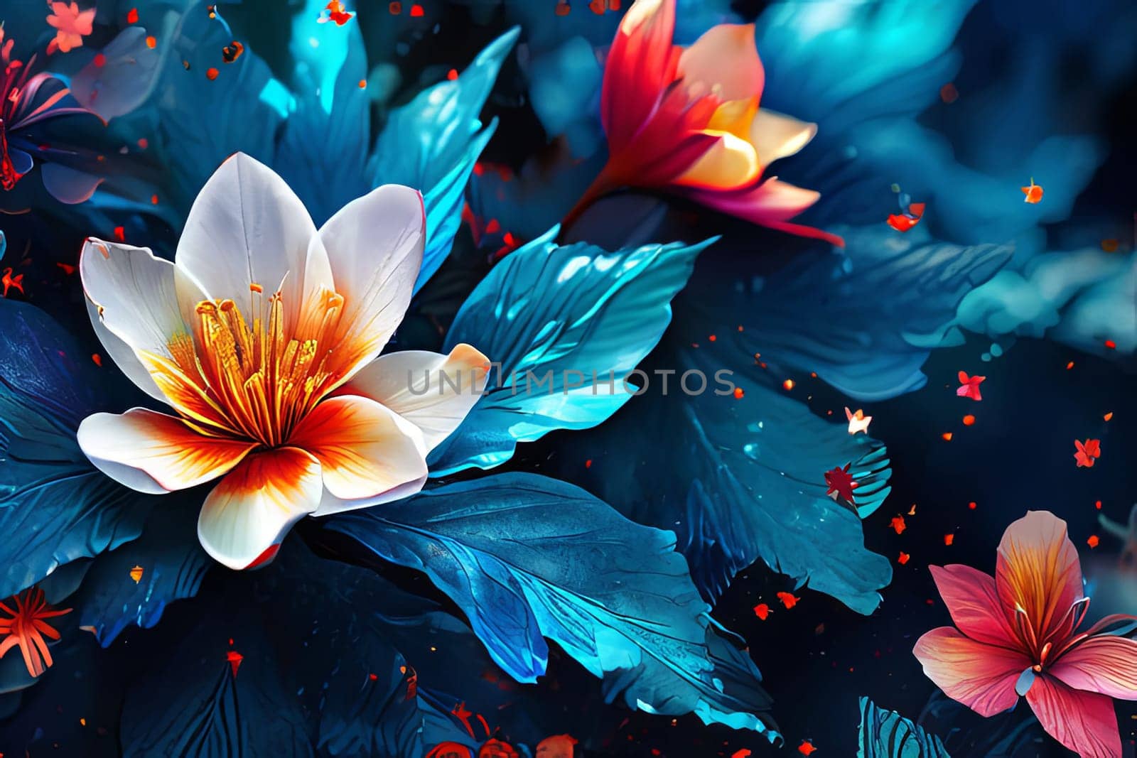 Image features striking contrast between vivid colors of flowers, dark backdrop, creating visually appealing, dramatic composition. For interior design, textiles, clothing, gift wrapping, web design