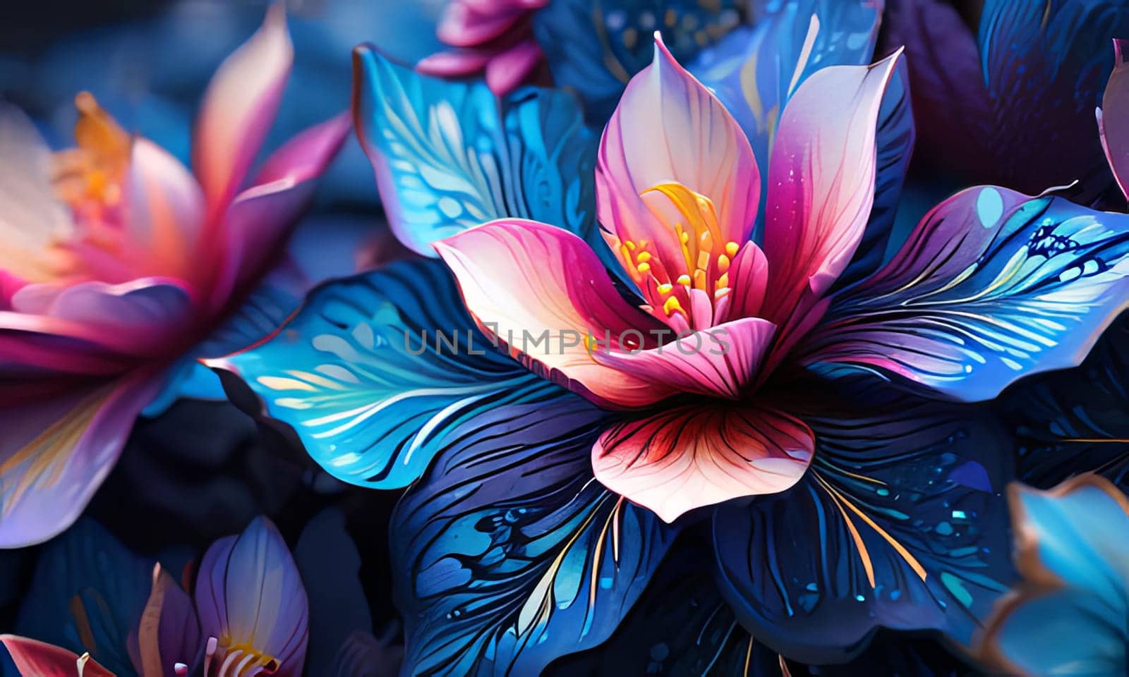 Striking, colorful flower painting with intricate details, vivid hues, beautifully contrasted against dark, black background. For interior design, textiles, clothing, gift wrapping, web design, print