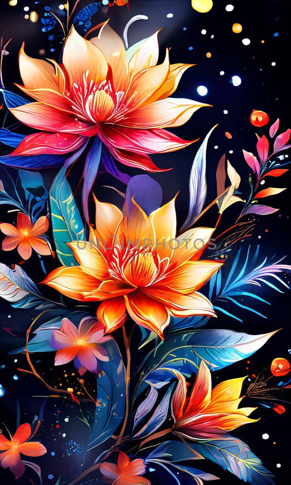 Image features striking contrast between vivid colors of flowers, dark backdrop, creating visually appealing, dramatic composition. For interior design, textiles, clothing, gift wrapping, web design