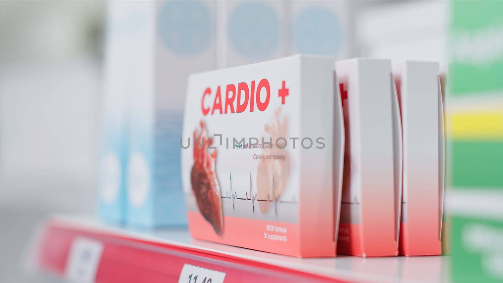 Selective focus of medicaments boxes on pharmacy shelves, packages of prescription drugs or disease treatments for sale in empty drugstore. Variety of medicine and supplements, medical insurance.