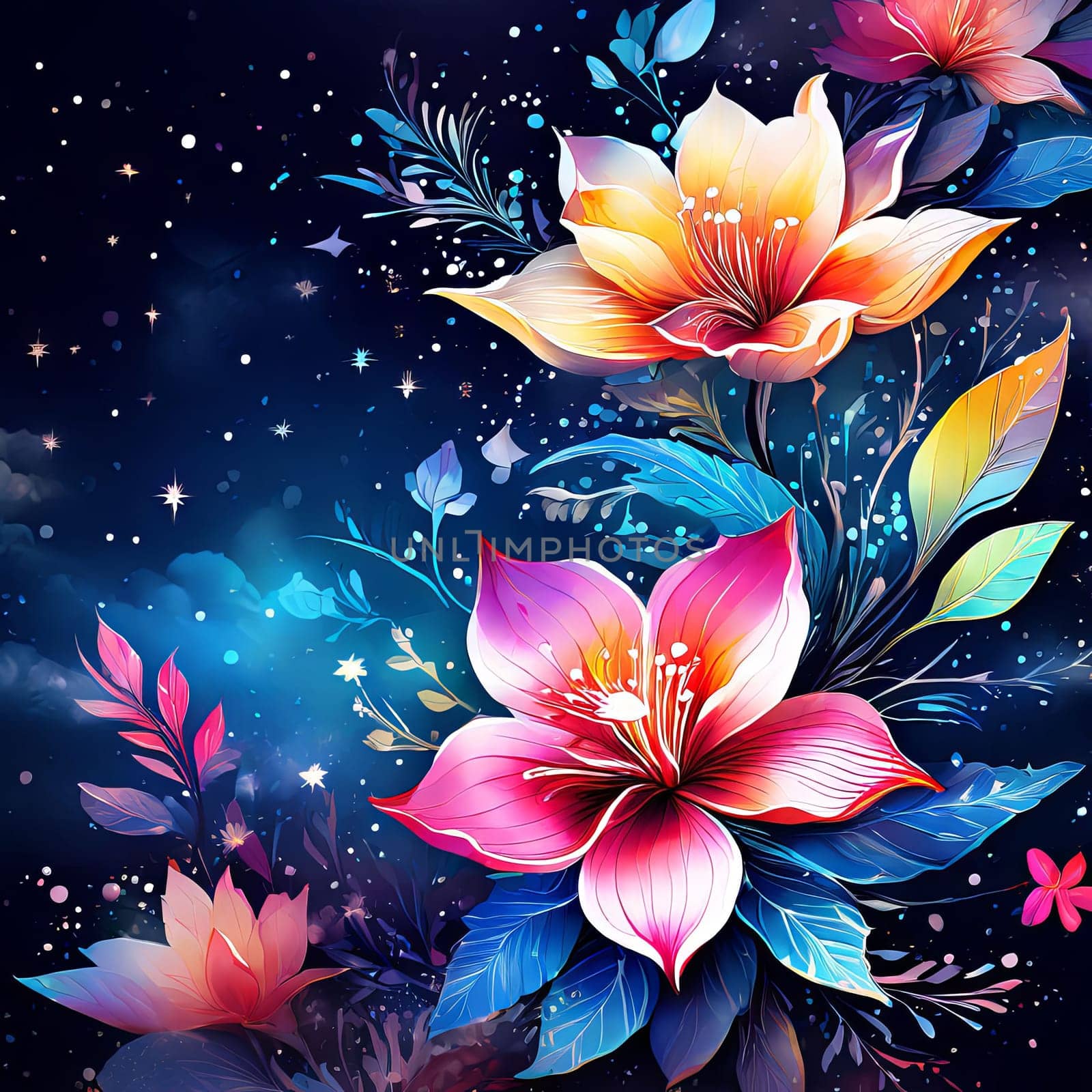 Vibrant flower painting set against dark backdrop. Bright colors of flowers pop out, creating visually appealing, captivating piece of artwork. For art, creative projects, fashion, style, magazines. by Angelsmoon