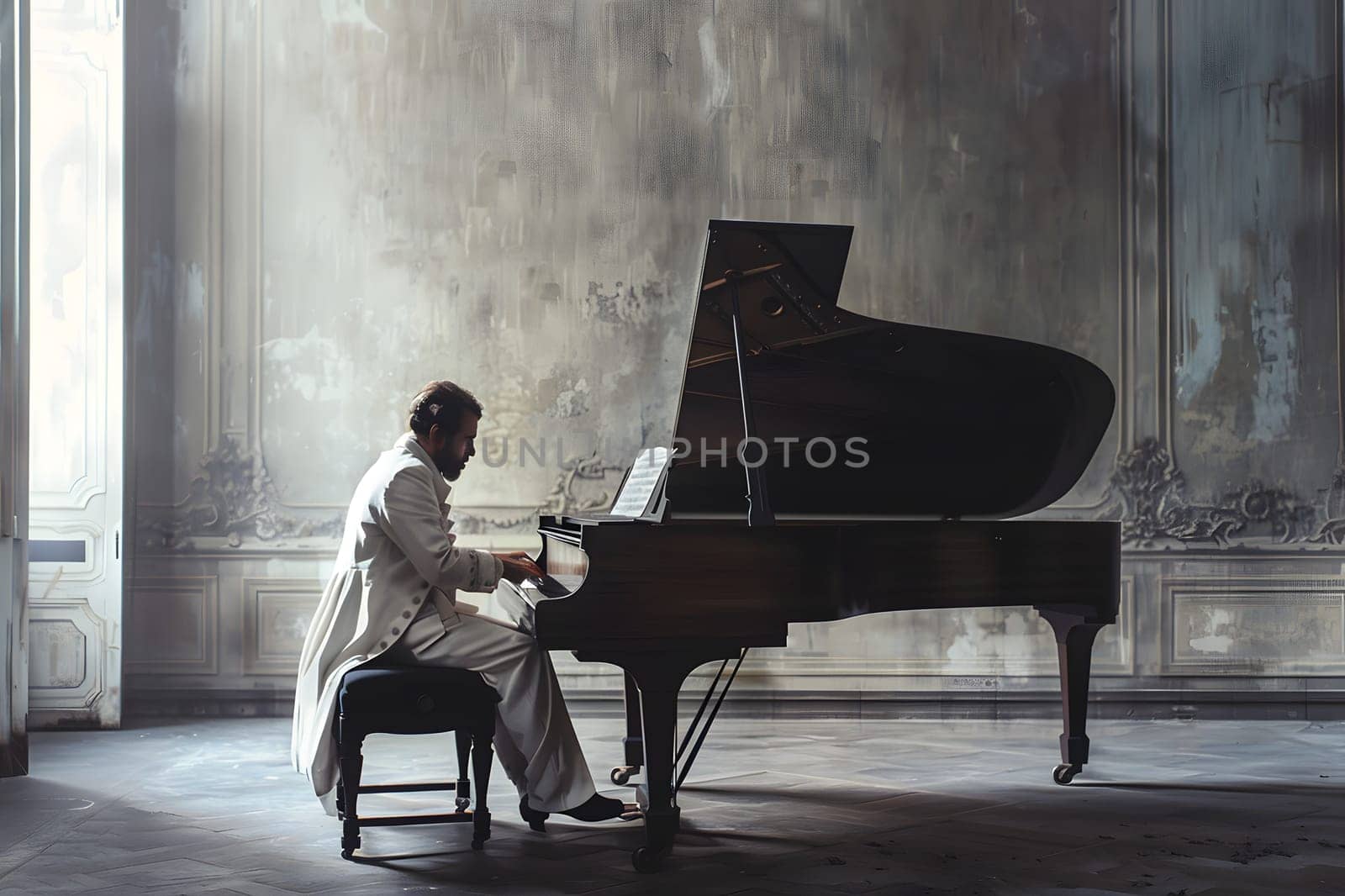 A pianist sits on a stool in a room, playing a grand piano. The music fills the air as he performs at a recital, showcasing his talent and passion for the art of music
