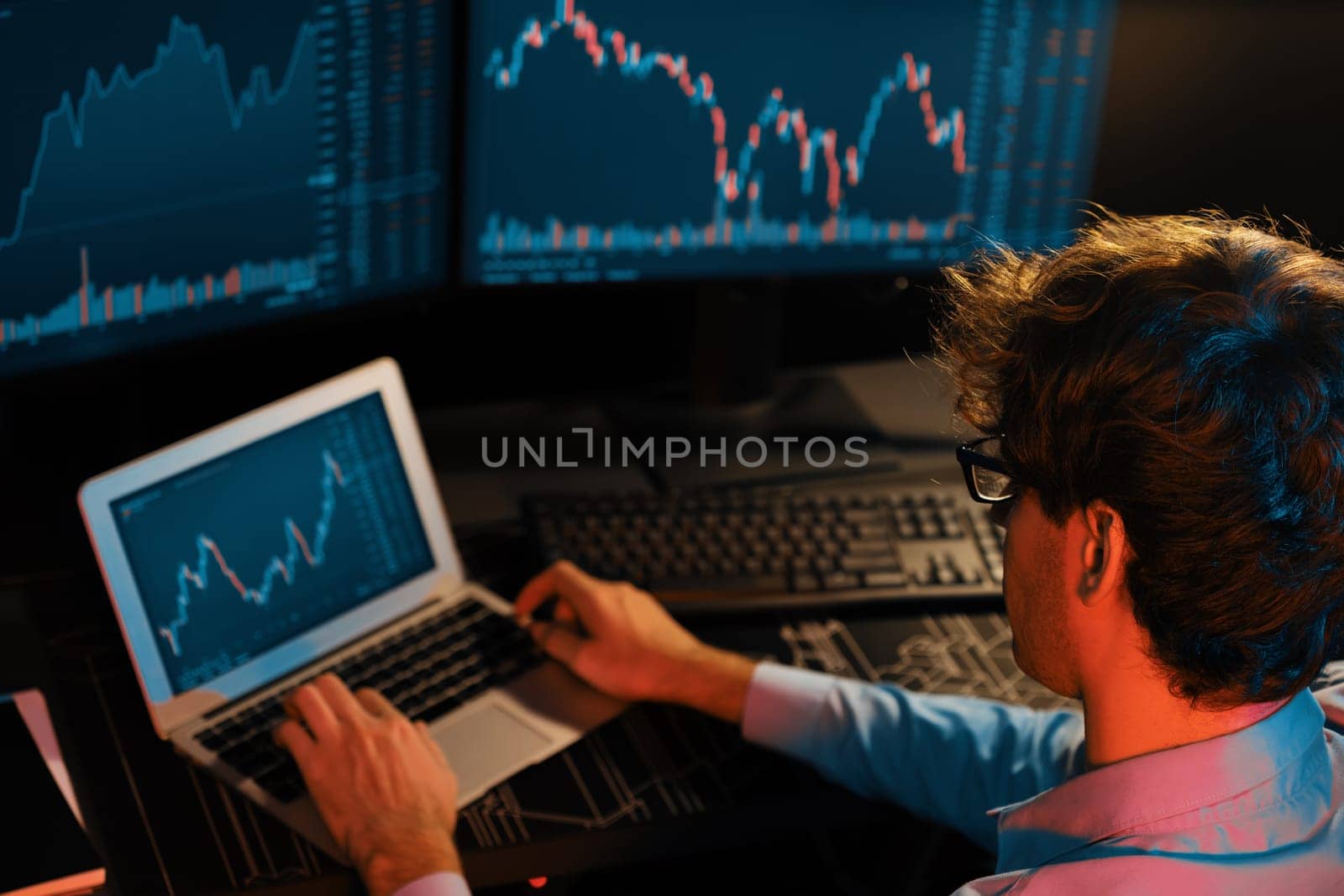 Investor stock trader searching on laptop compare dynamic exchange rate. Gusher. by biancoblue