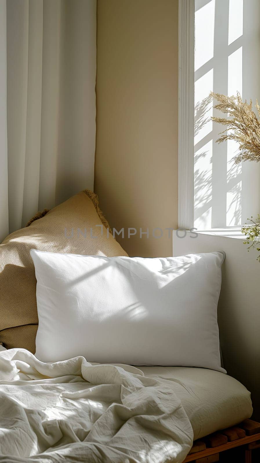 Warm sunlight illuminates a white pillow and dried flowers by a wooden window, evoking a tranquil ambiance, ideal for branding mockups