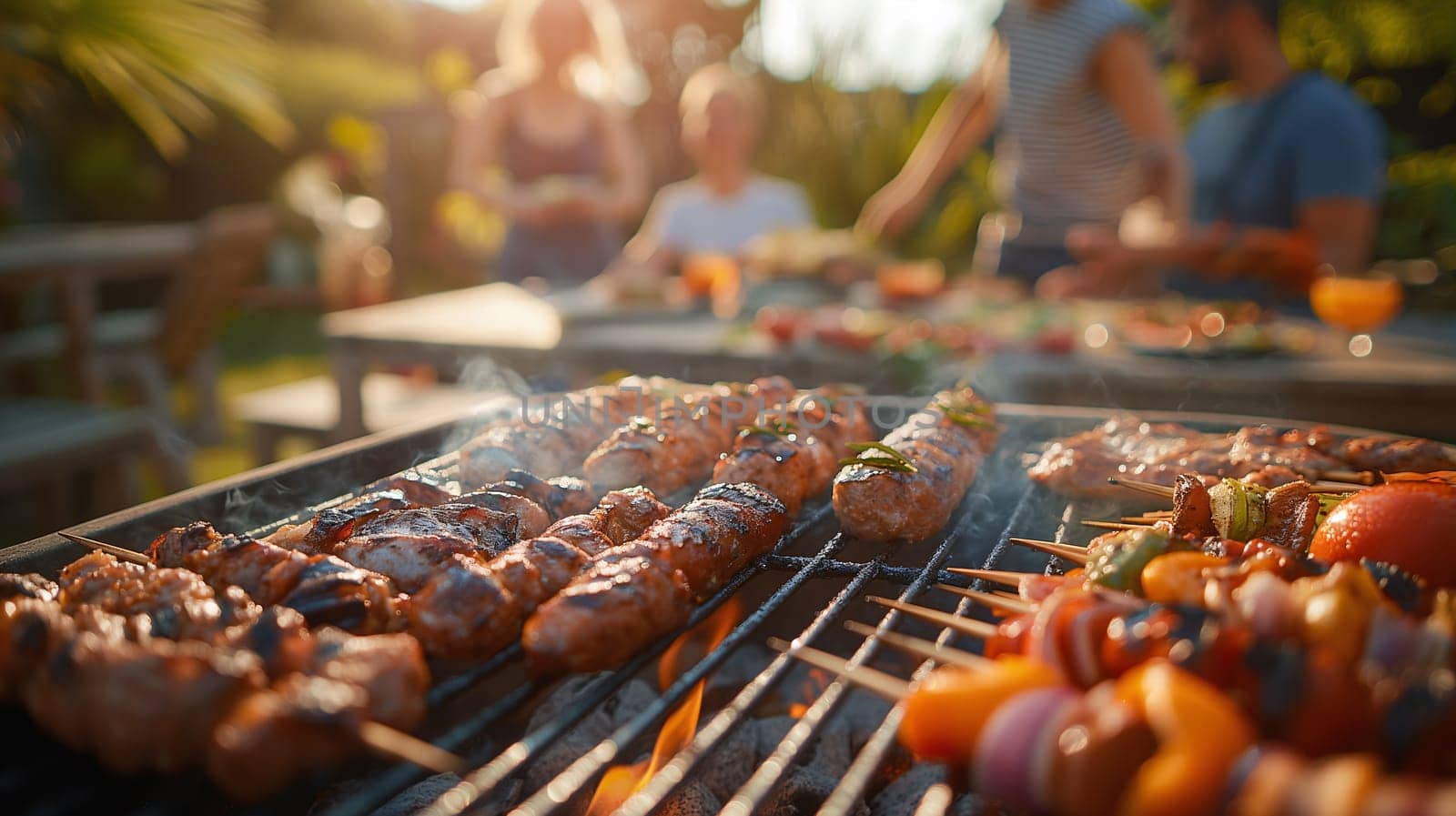 Close-up of skewered meats and vegetables grilling on a barbecue, with friends gathered in the warm, golden light of the setting sun - Generative AI