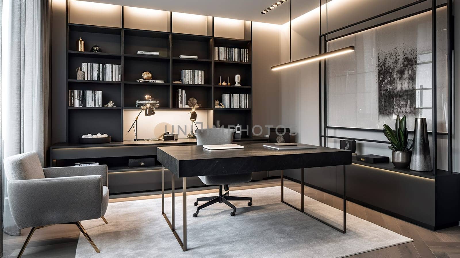 This image showcases a sophisticated home office setting featuring a sleek black desk, comfortable armchair, and well-organized bookshelves, all complemented by ambient lighting - Generative AI