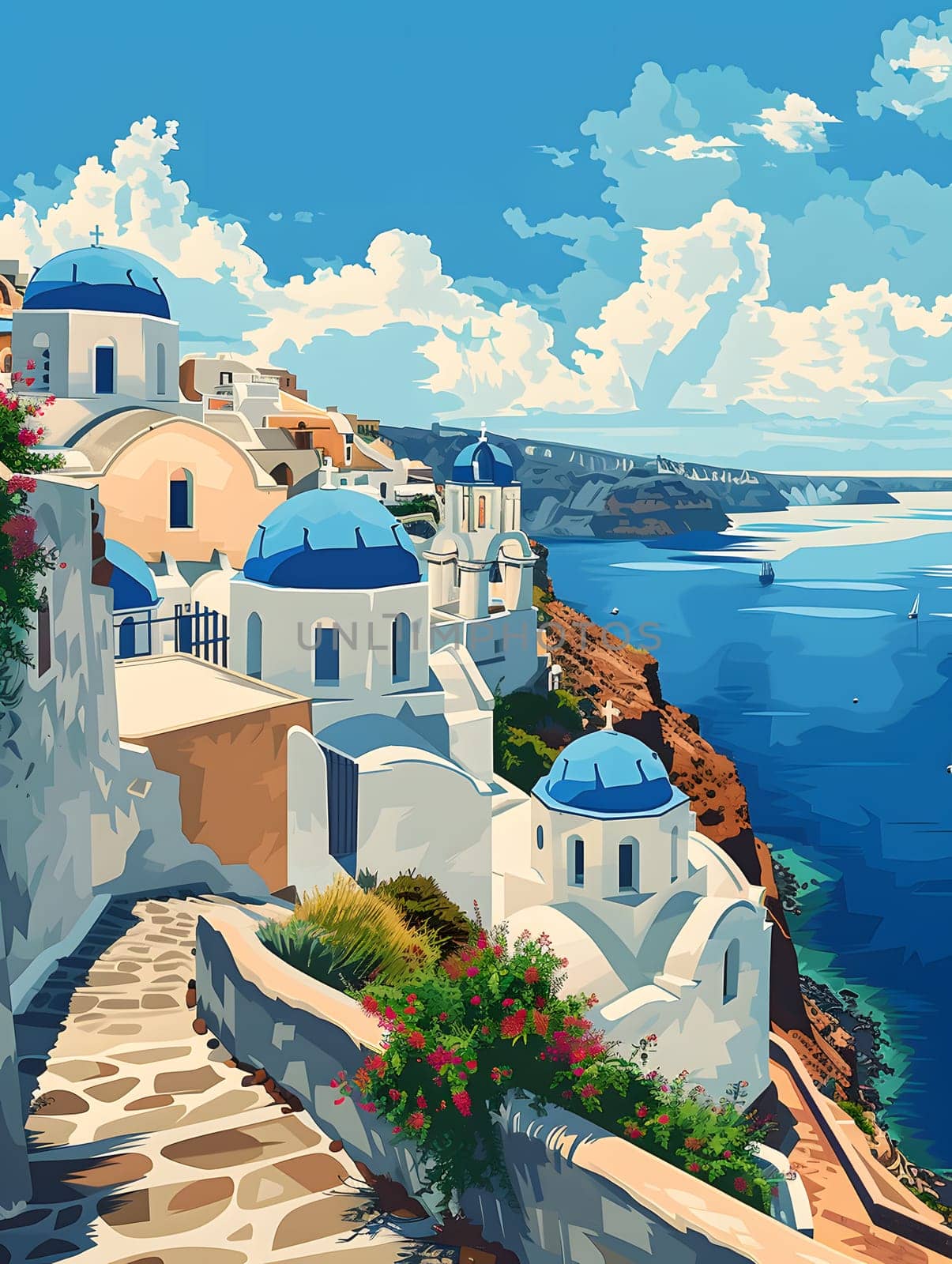 A painting depicting a city with picturesque bluedomed buildings perched by the ocean, under a cloudy sky. The urban design blends harmoniously with the natural landscape
