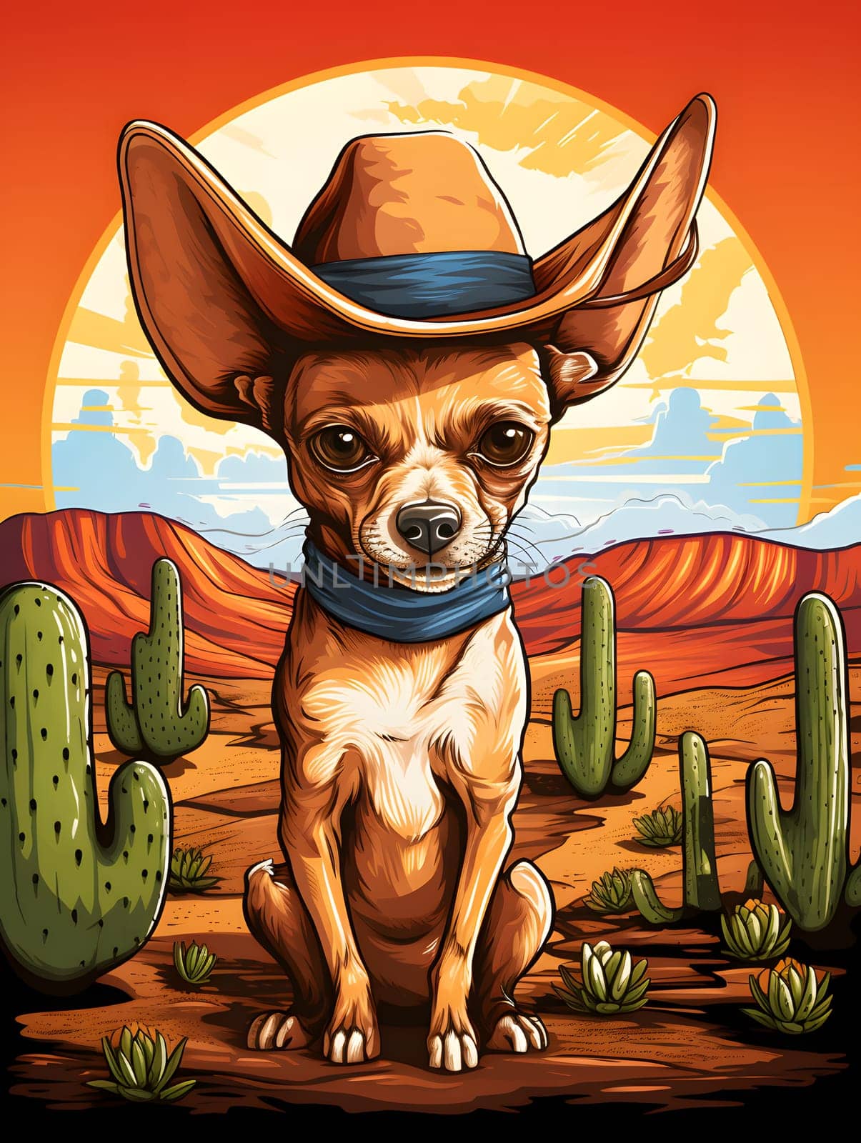 A delightful chihuahua dog steals the spotlight as it proudly dons a cowboy hat and a matching scarf. With a mischievous expression, it captures the imagination and brings a touch of whimsy to any setting.