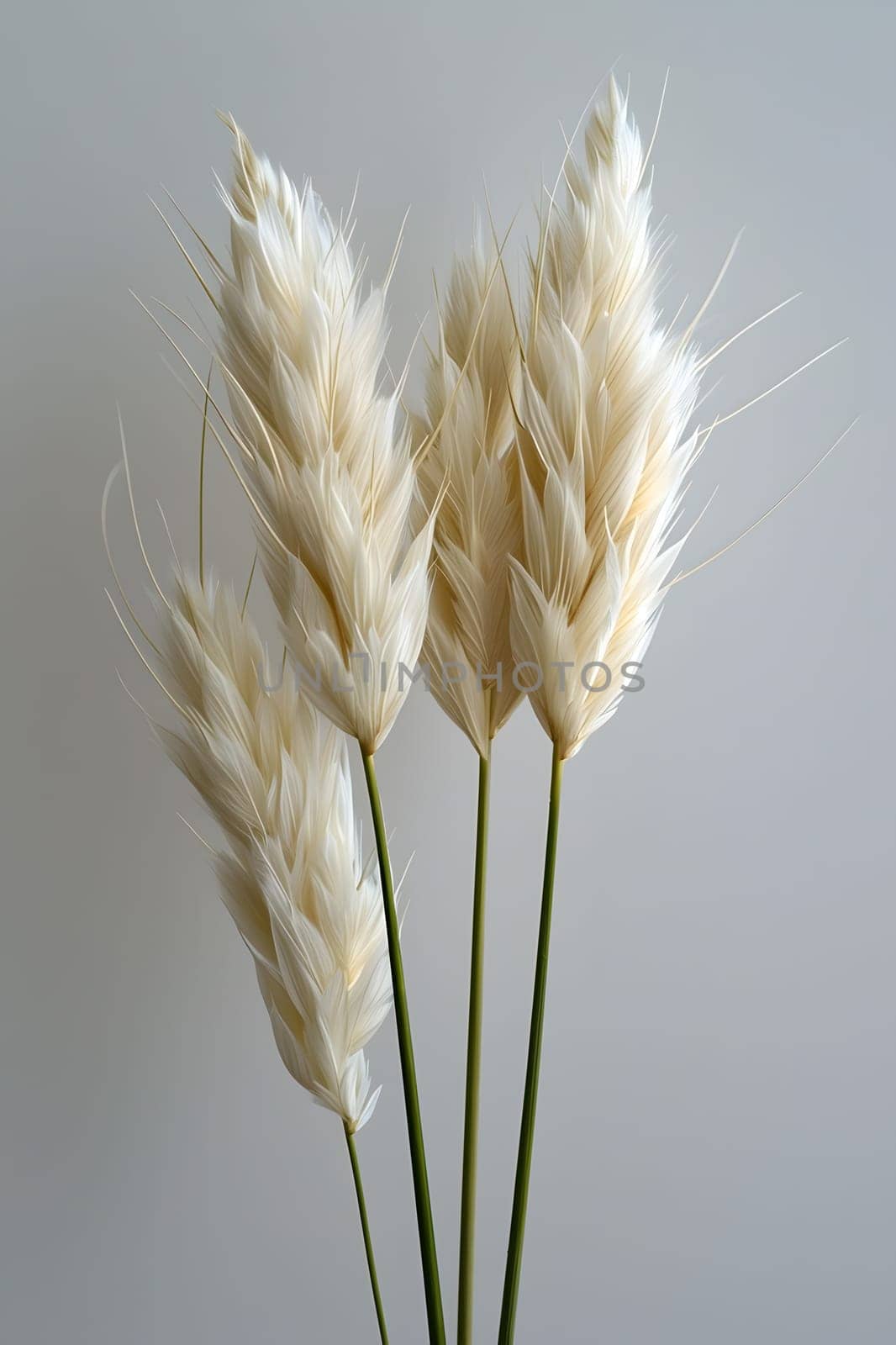 Macro photography of three white flowers in a vase against a white background, showcasing the intricate details of the petals and pedicels