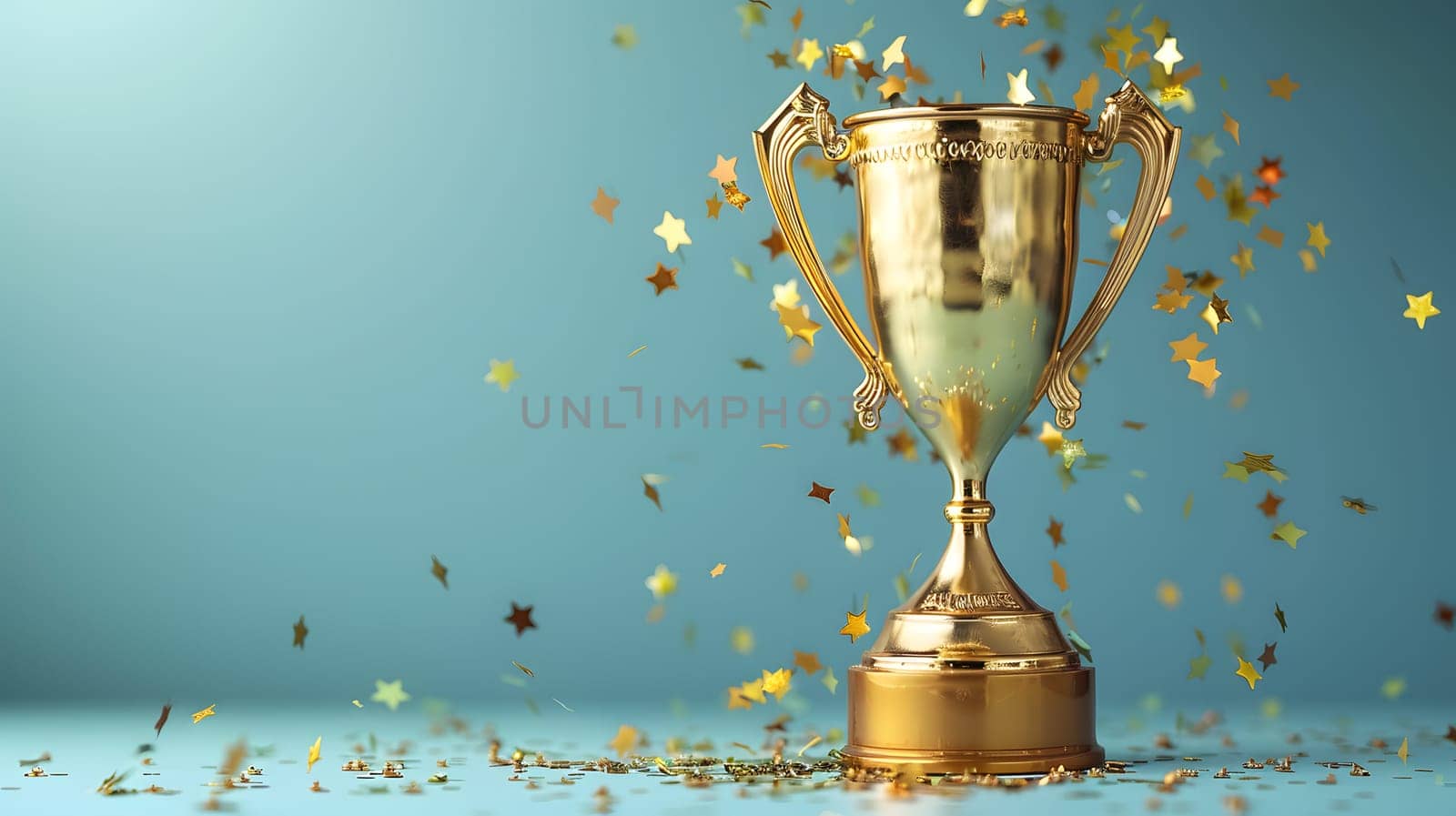 A gold trophy sits atop a table surrounded by shimmering gold confetti against a blue backdrop, reminiscent of luxurious celebrations with elegant stemware and bubbly alcoholic beverages