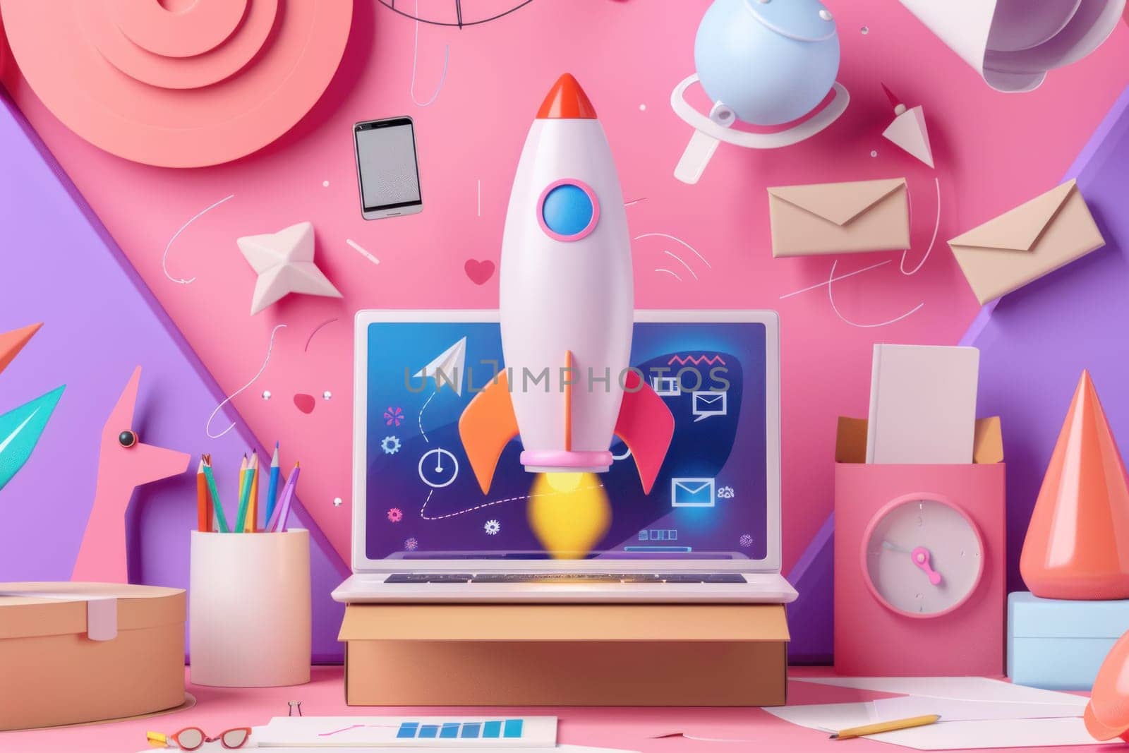 A cartoonish drawing of a rocket launching with a box on the desk. The box contains a laptop and a few pens. The image has a playful and creative vibe, with the rocket.