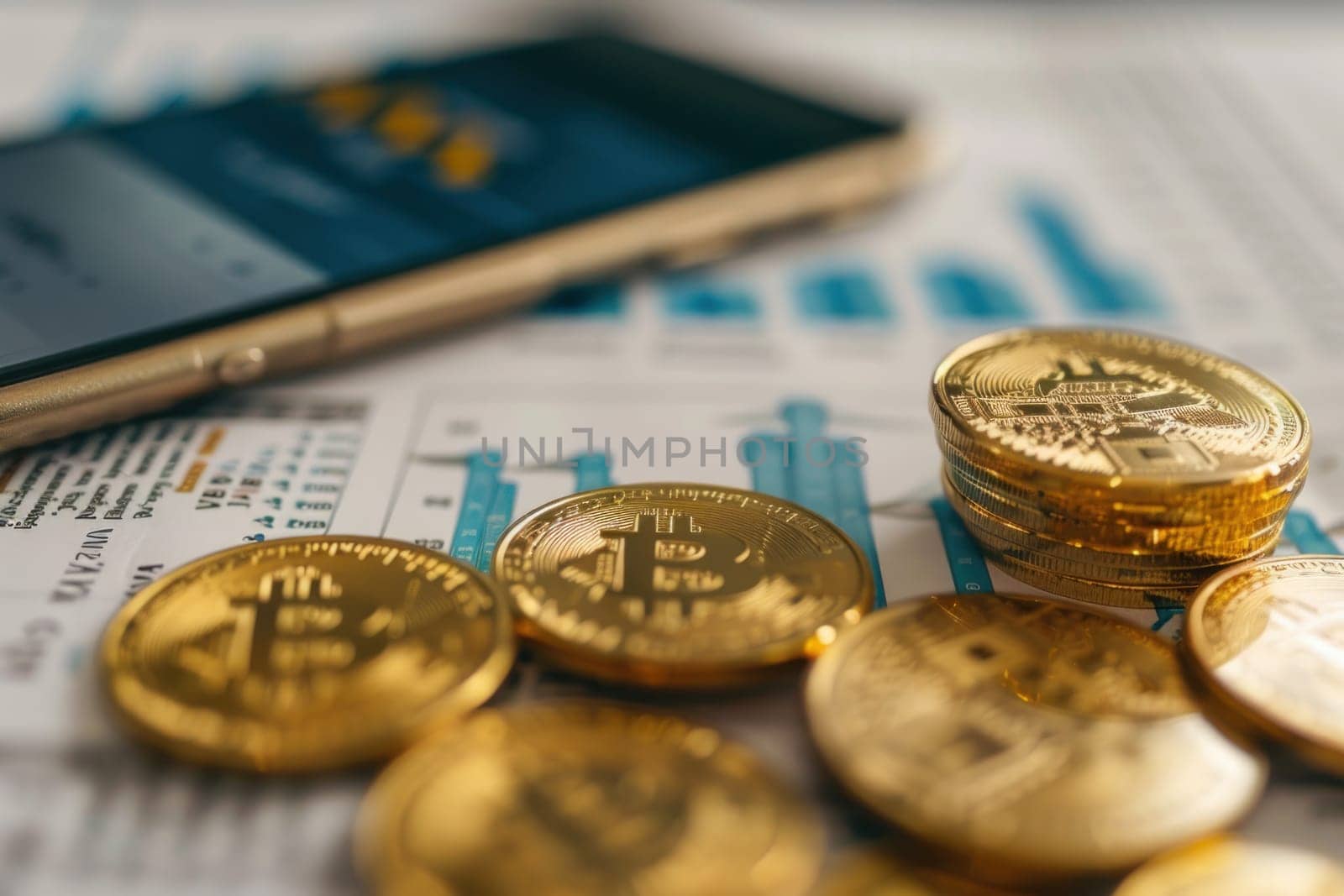 A phone and a pile of gold coins sit on a table.