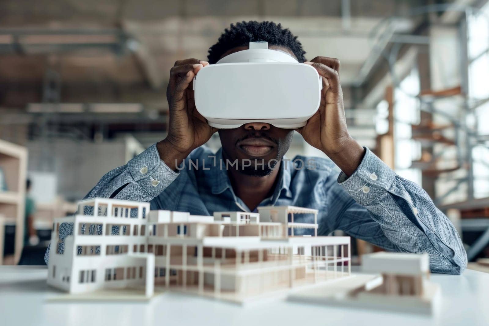 Concept futuristic design. Man is African american Architect or Engineer wearing VR headset for working design.