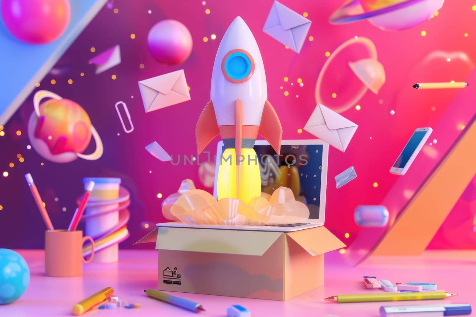 A cartoonish drawing of a rocket launching with a box on the desk. The box contains a laptop and a few pens. The image has a playful and creative vibe, with the rocket by golfmerrymaker