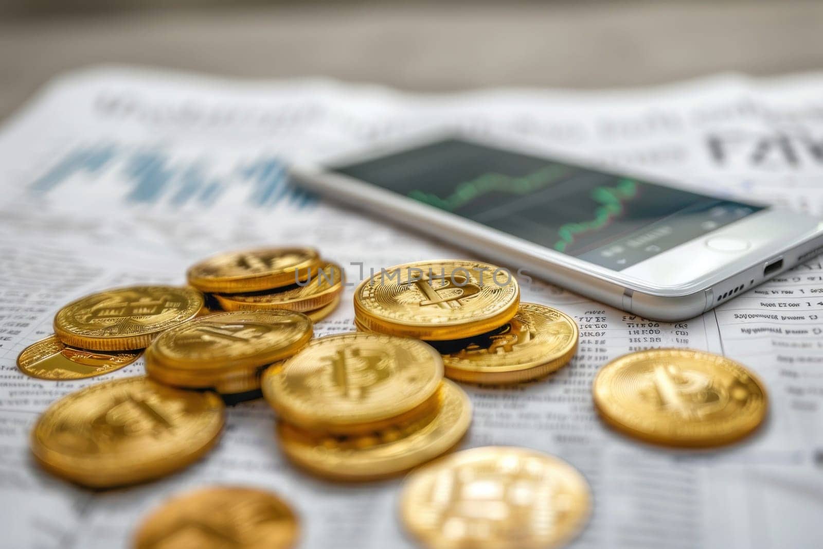 A phone and a pile of gold coins sit on a table.