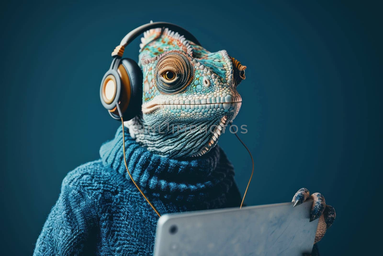 A lizard wearing headphones and holding a tablet by golfmerrymaker