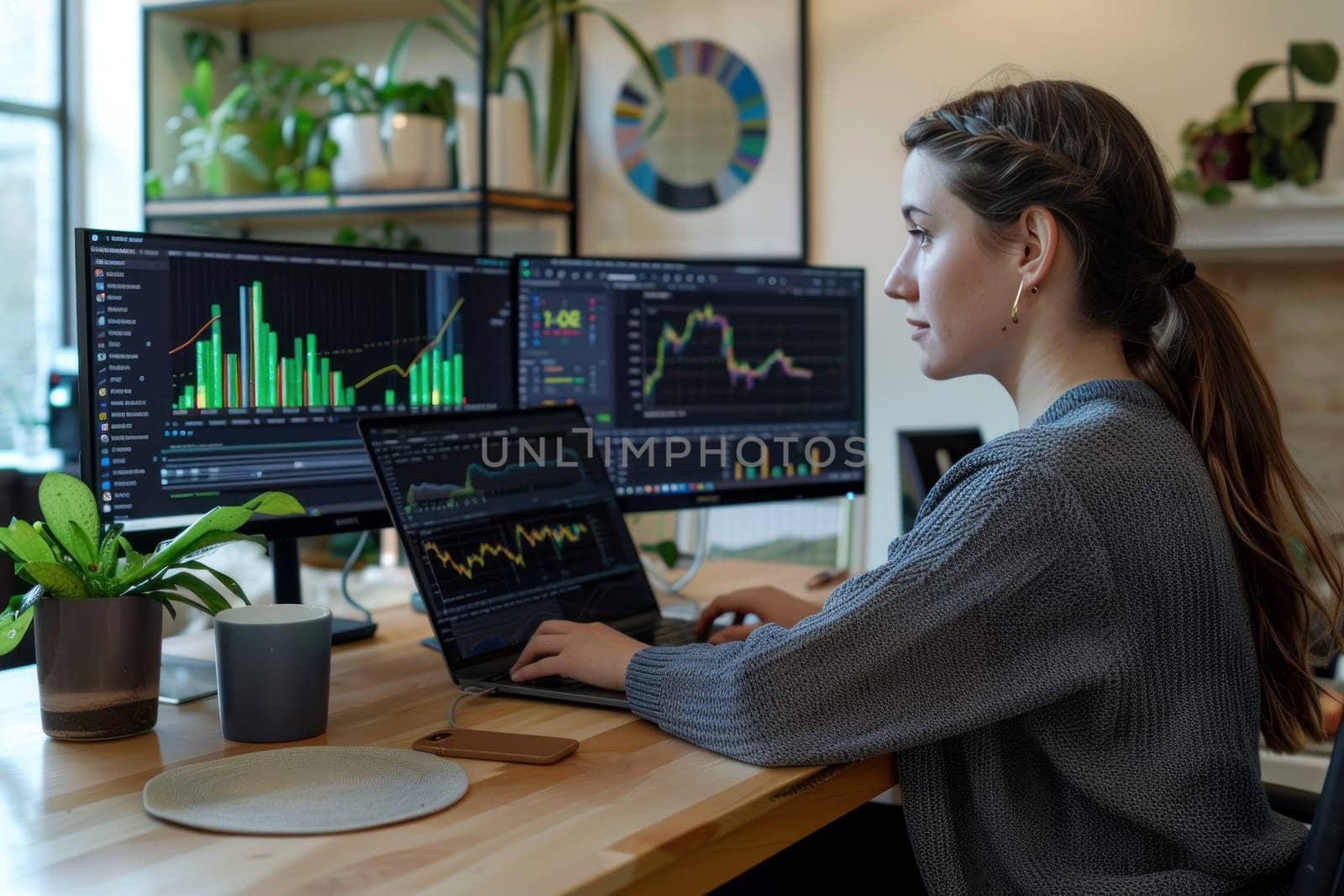 A woman is sitting at a desk with two computer monitors and a laptop by golfmerrymaker