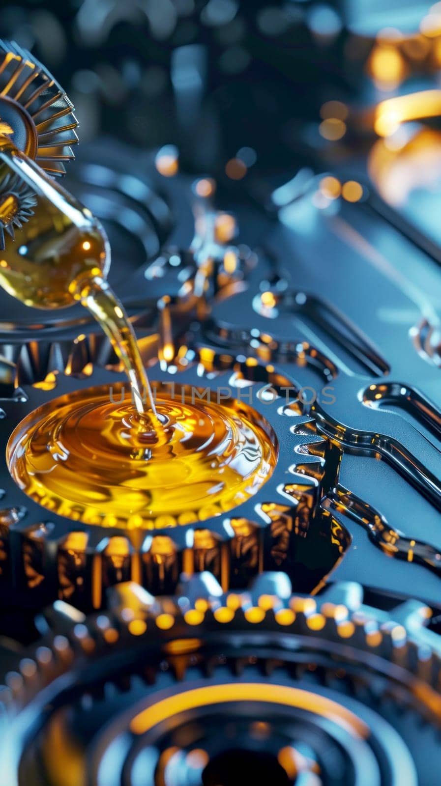 A machine is pouring a thick, golden liquid onto a gear.