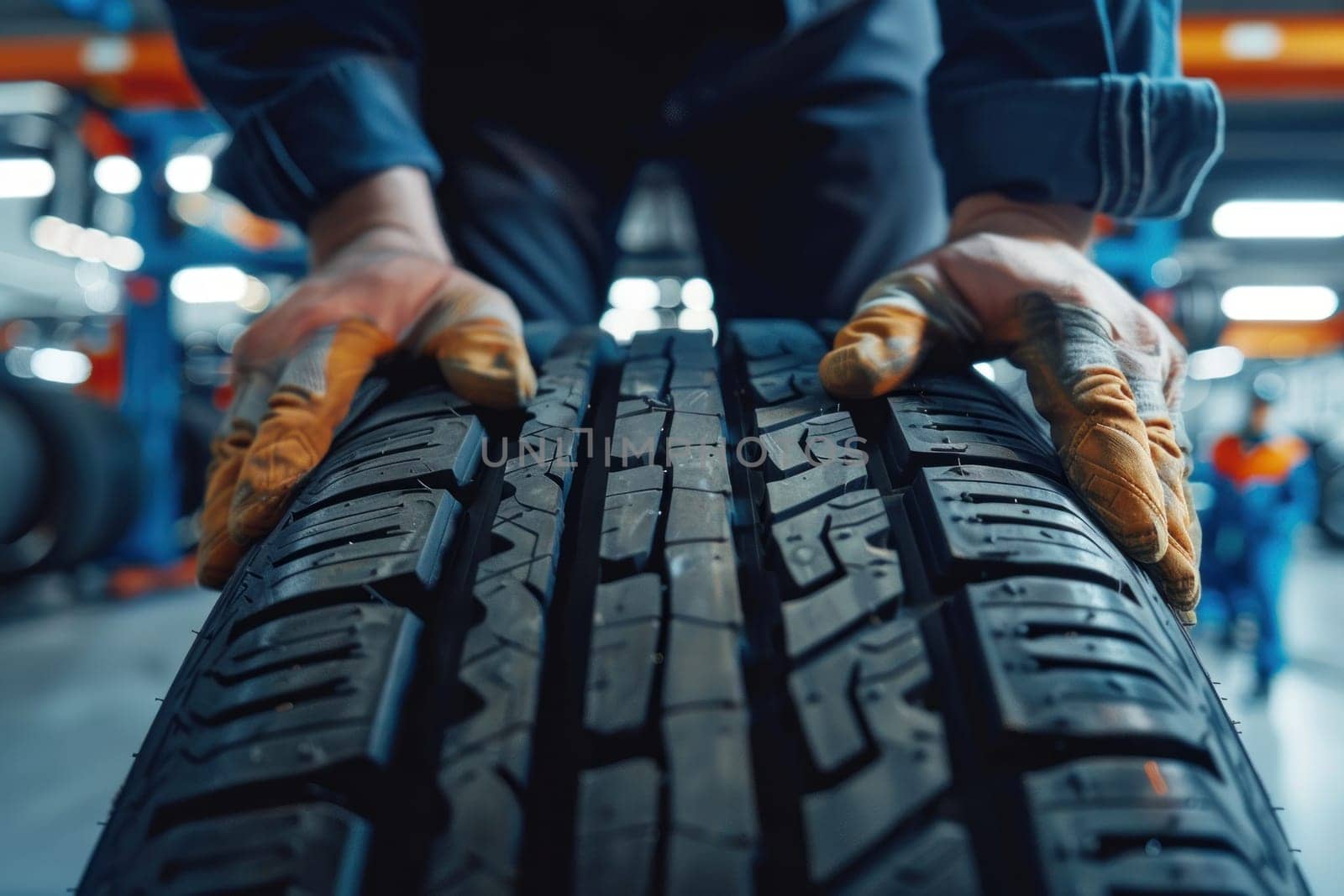 tire at repairing service garage background. Technician man replacing winter and summer tire for safety road trip. Transportation and automotive maintenance concept by golfmerrymaker