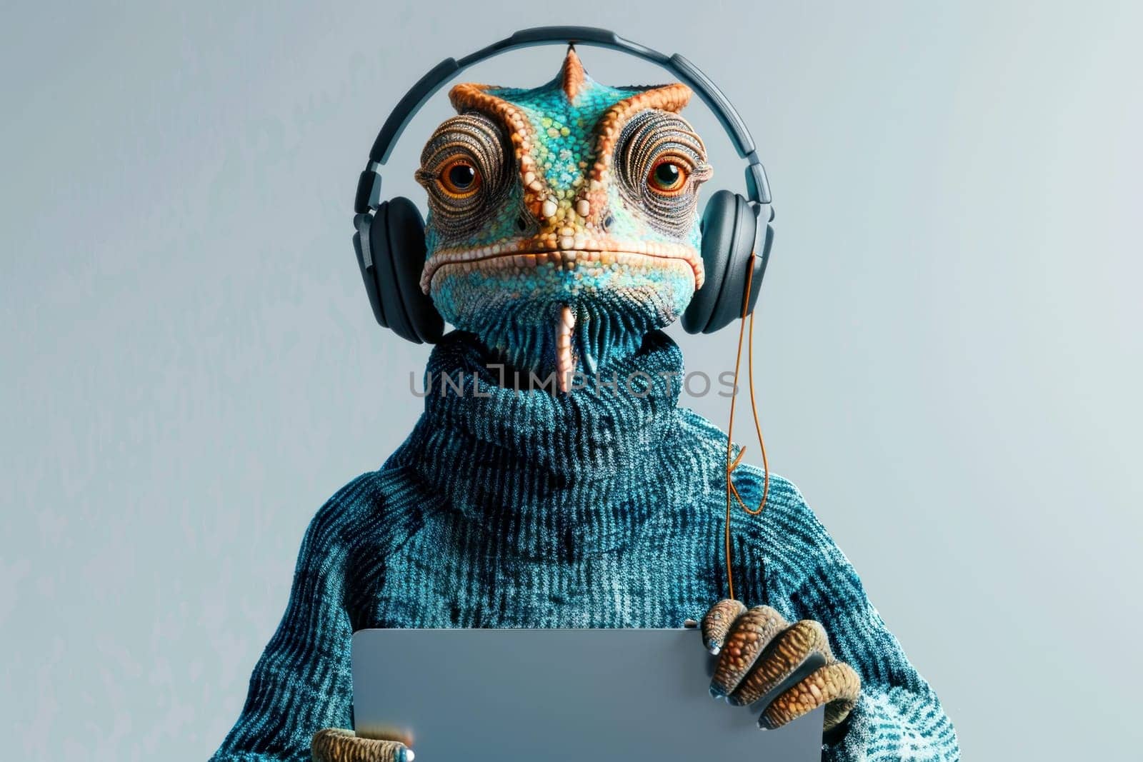 A lizard wearing headphones and holding a tablet.