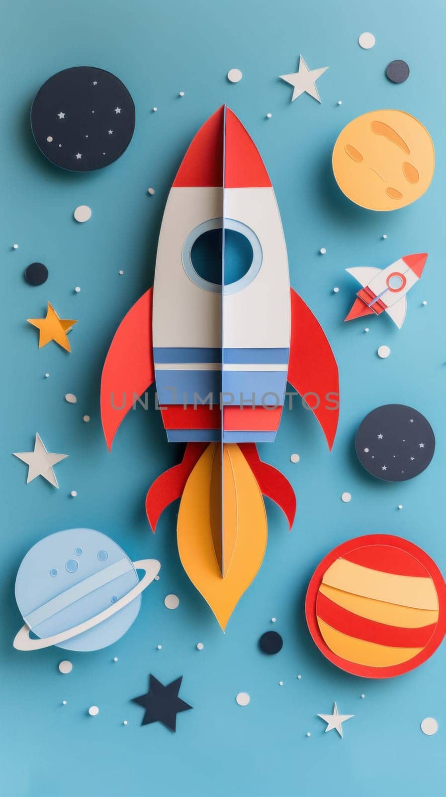 A paper rocket is flying through space with planets and stars surrounding it by golfmerrymaker