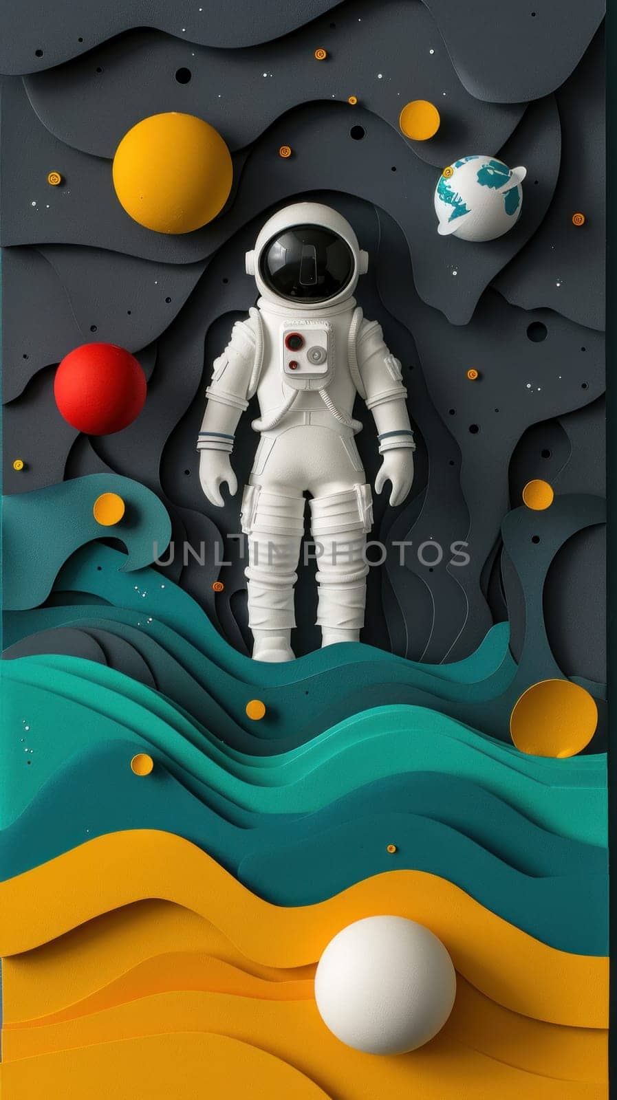 A colorful paper cutout of a man in a spacesuit standing in front of a colorful.