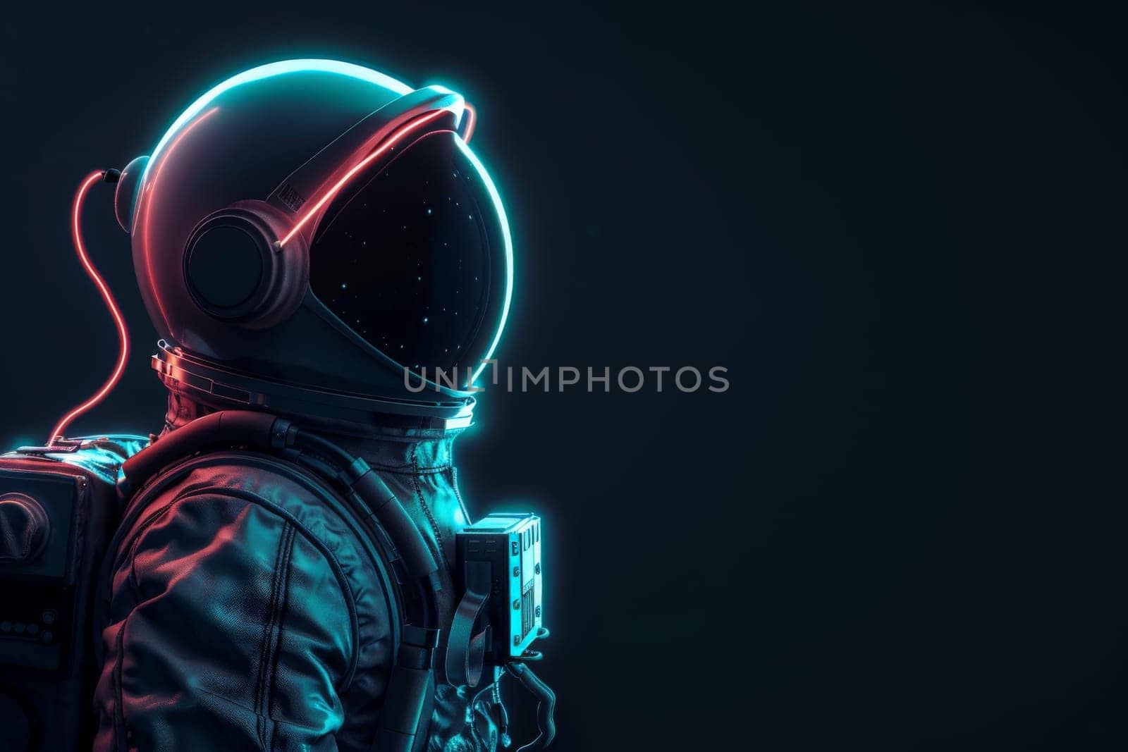 Neon astronaut in space suit with glowing lights isolated on black background, Generative AI.