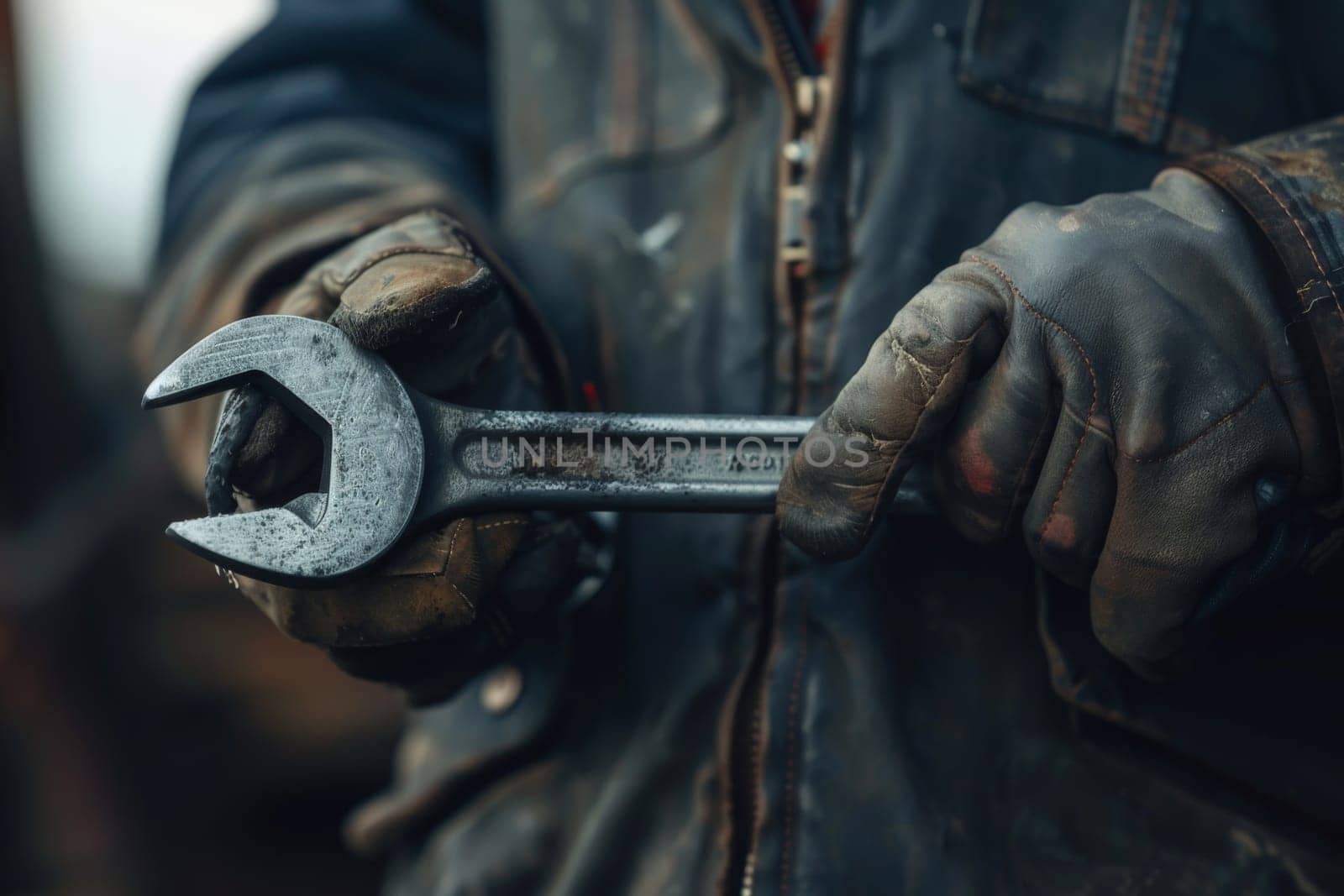 Technical service, The master holds a car wrench in his hand, Generative AI.