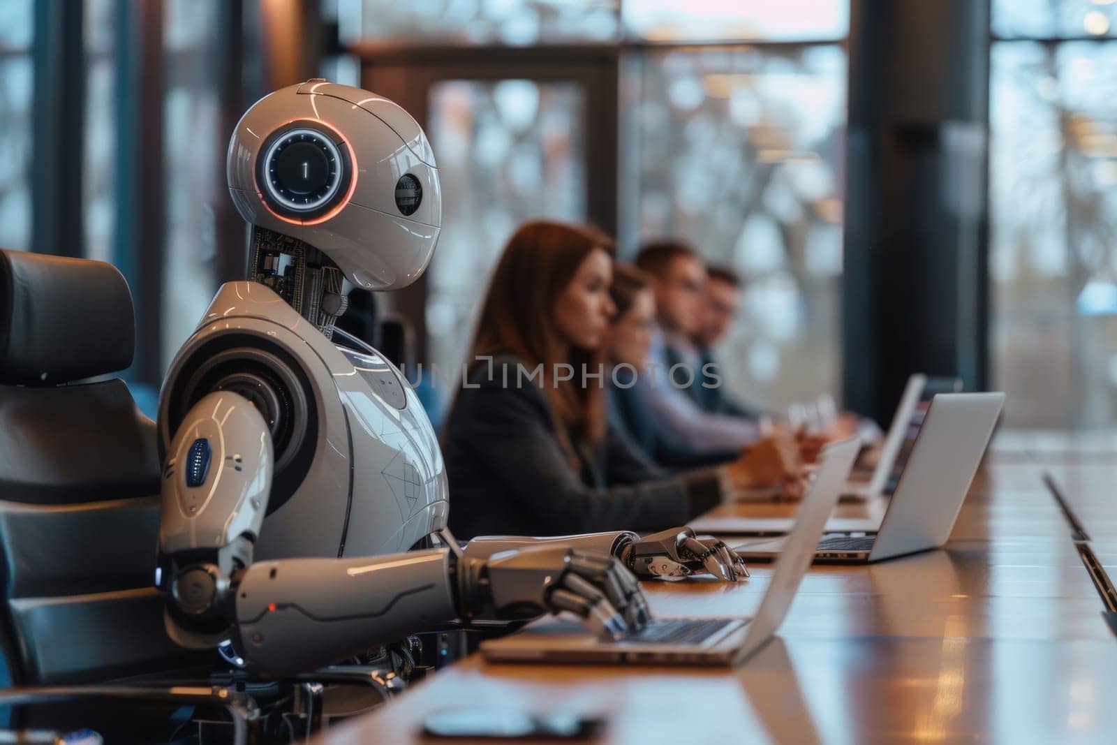 People and artificial intelligence futuristic robot working together in office, Generative AI.