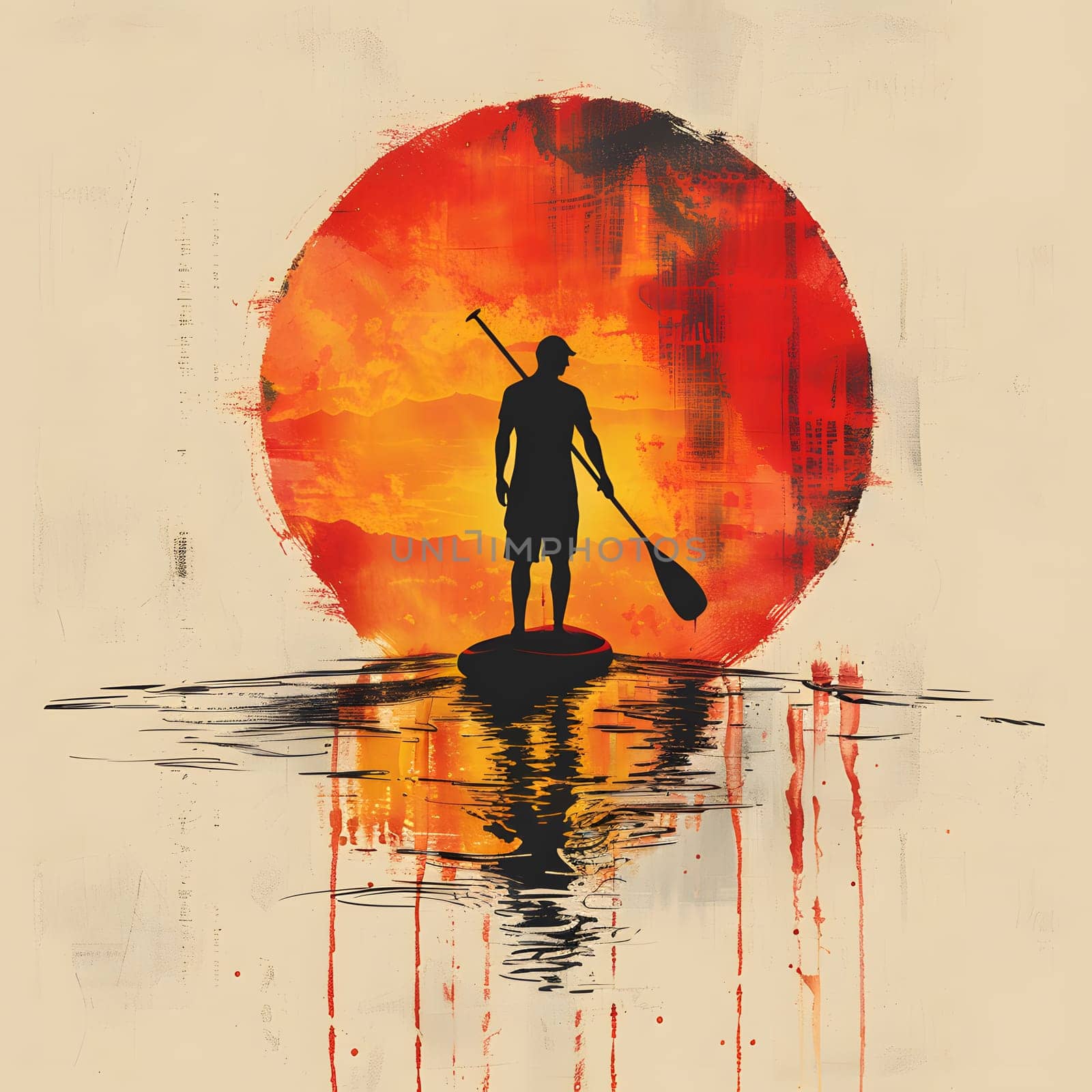 a painting of a man on a paddle board in front of the sun by Nadtochiy