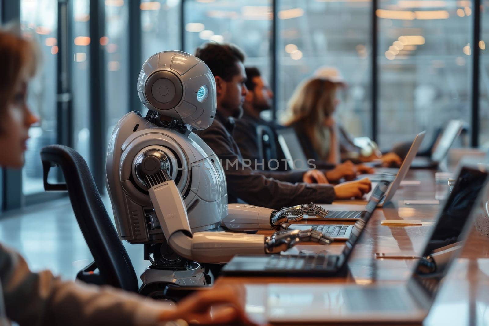 People and artificial intelligence futuristic robot working together in office, Generative AI.