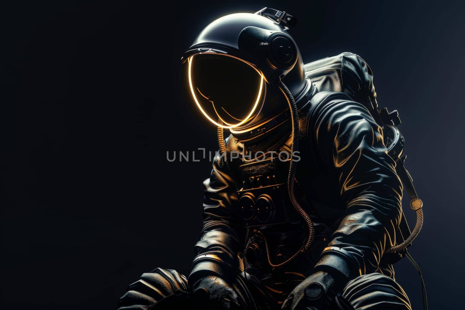 Neon astronaut in space suit with glowing lights isolated on black background, Generative AI.