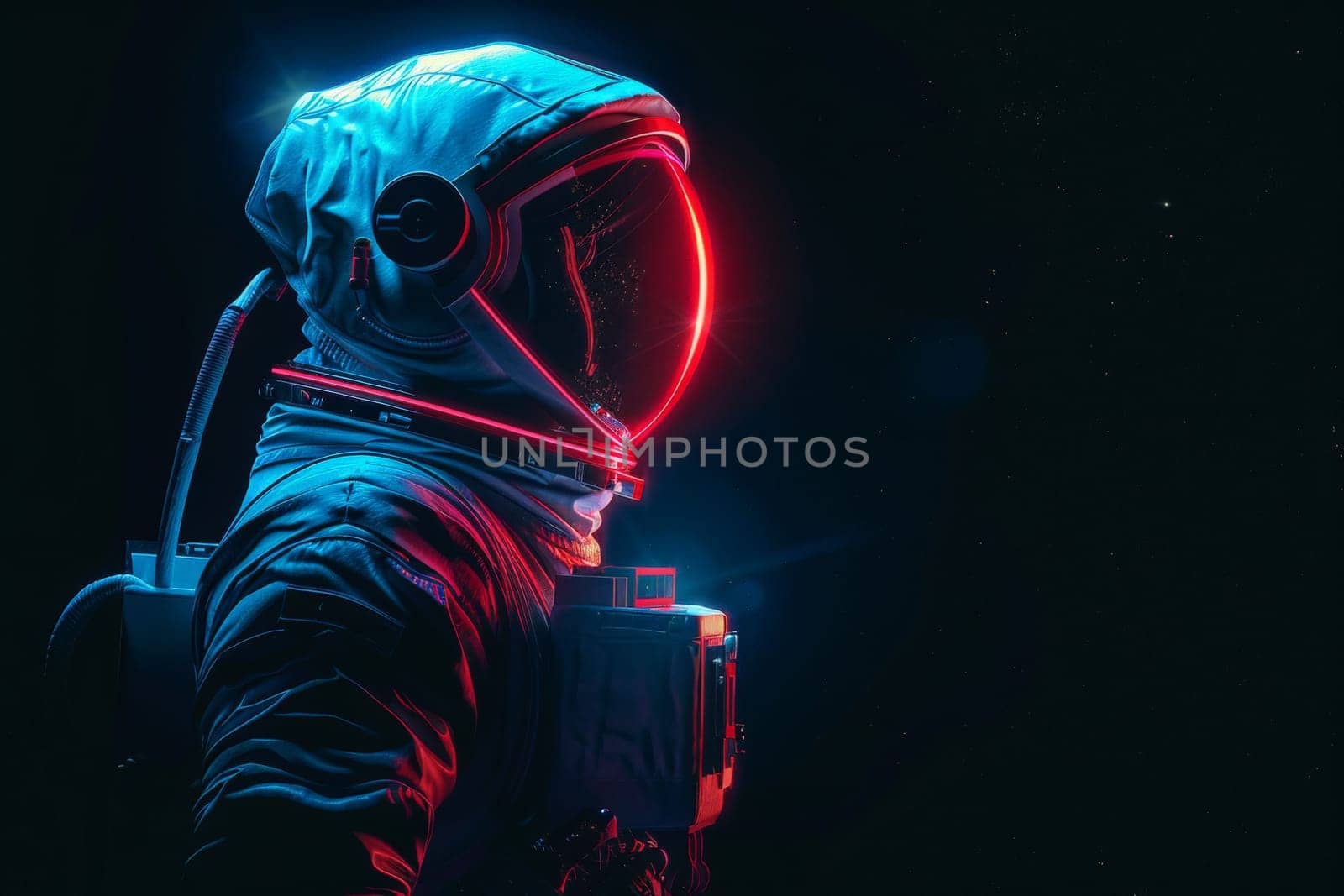 Neon astronaut in space suit with glowing lights isolated on black background, Generative AI by nijieimu