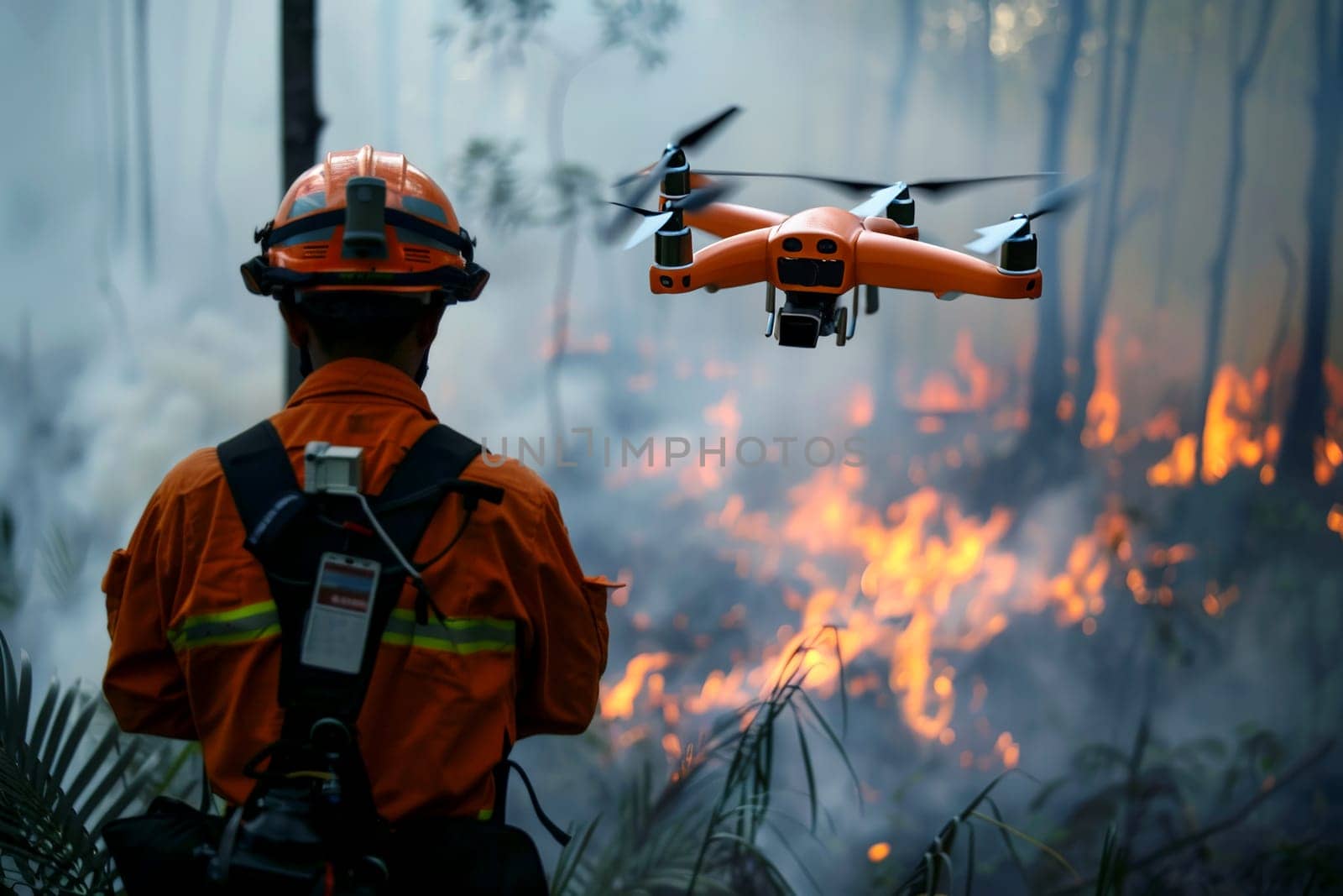 fire fighter controlling drone in fire forest, smart IOT concept. ai generative by matamnad