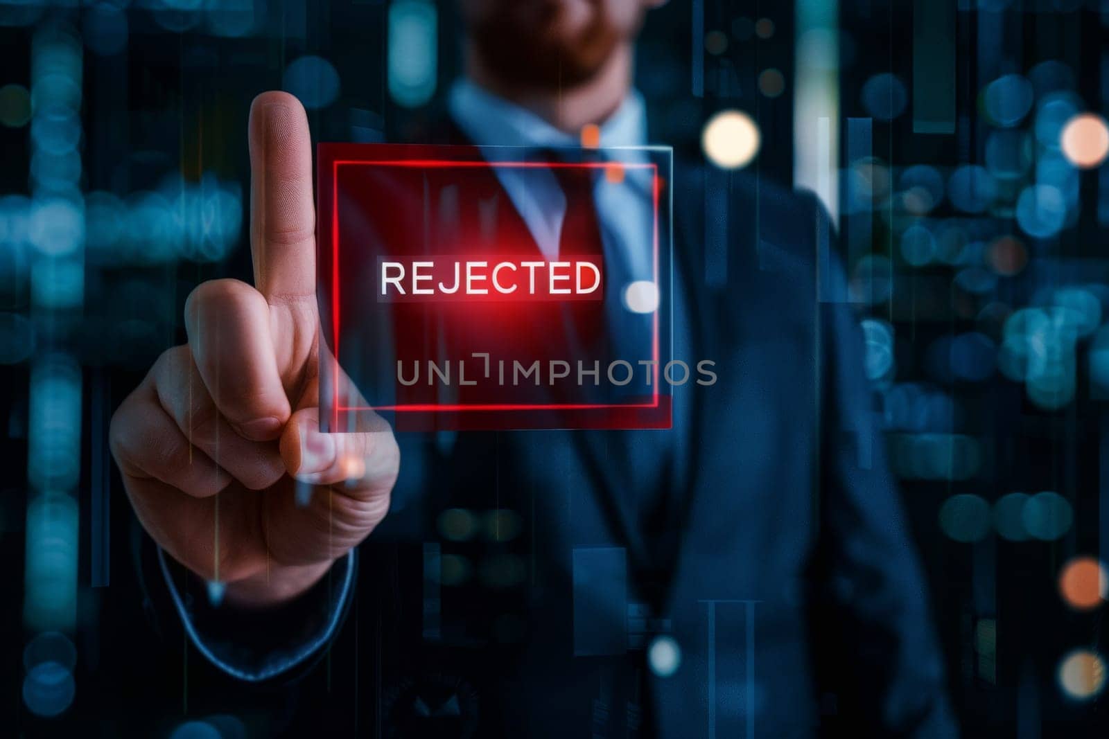 A businessman in a dark blue suit points at rejected notification sign . Generative AI by matamnad