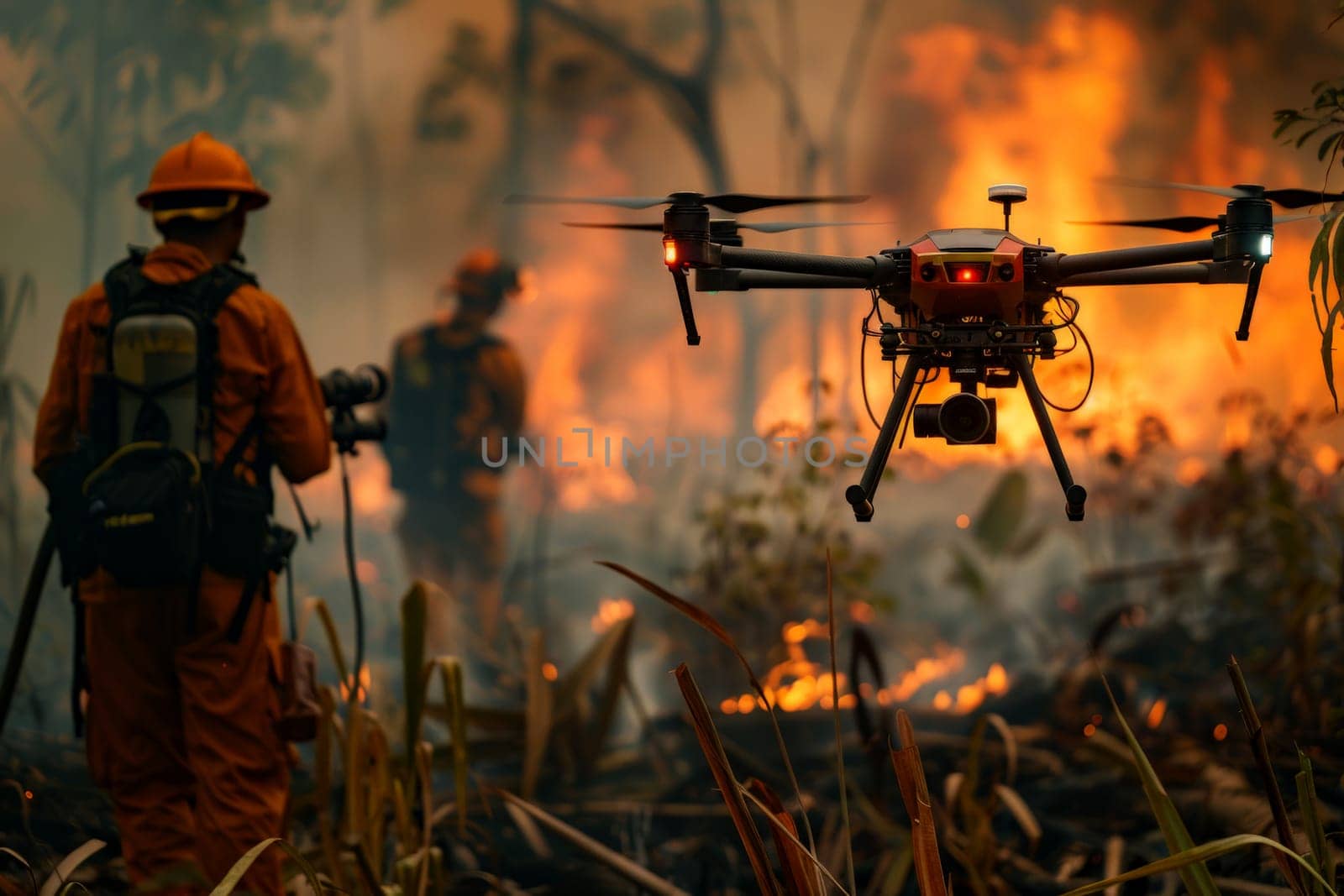 fire fighter controlling drone in fire forest, smart IOT concept. ai generative by matamnad