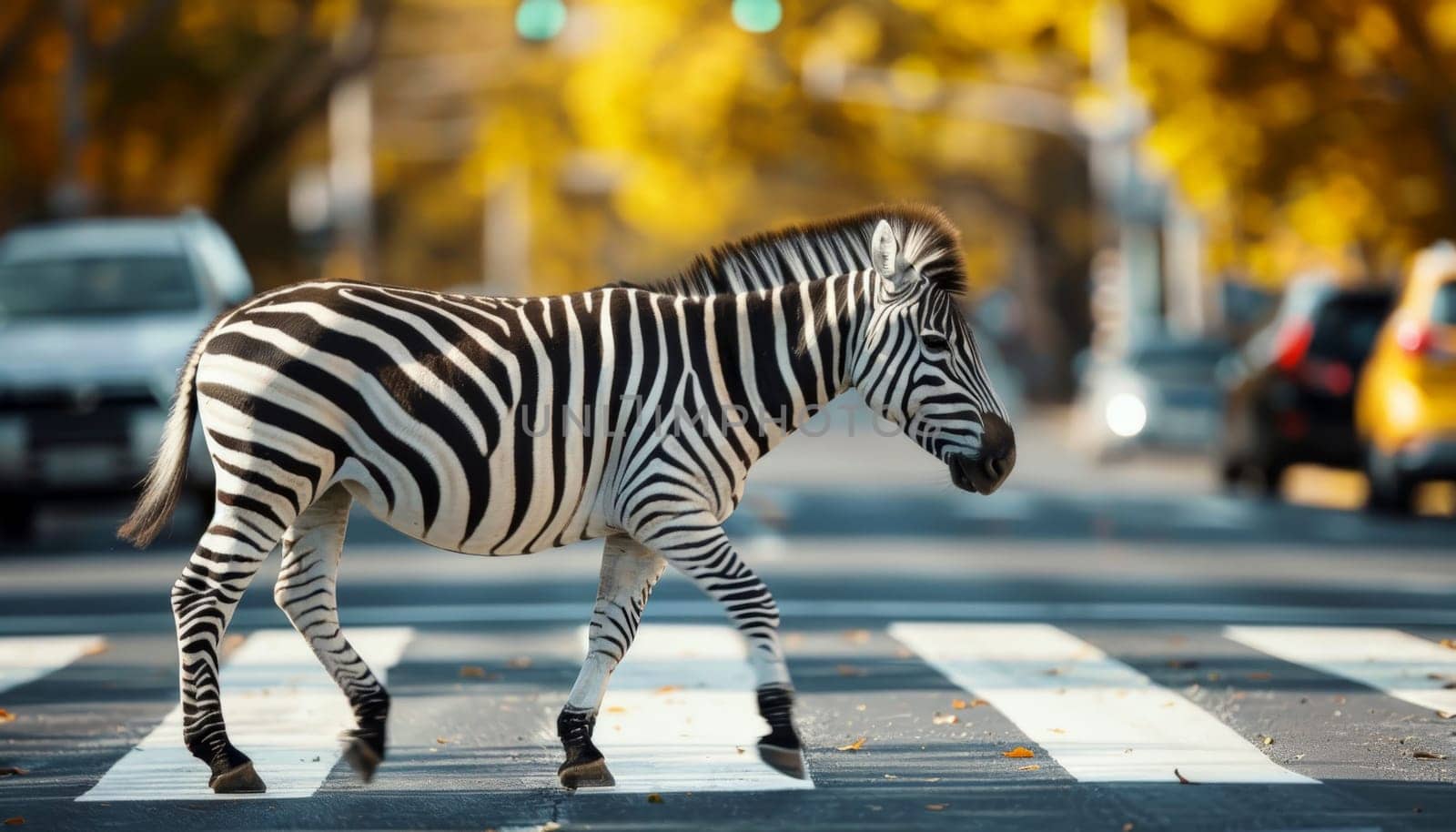 zebra standing in the middle of a Crosswalk traffic . Generative AI by matamnad