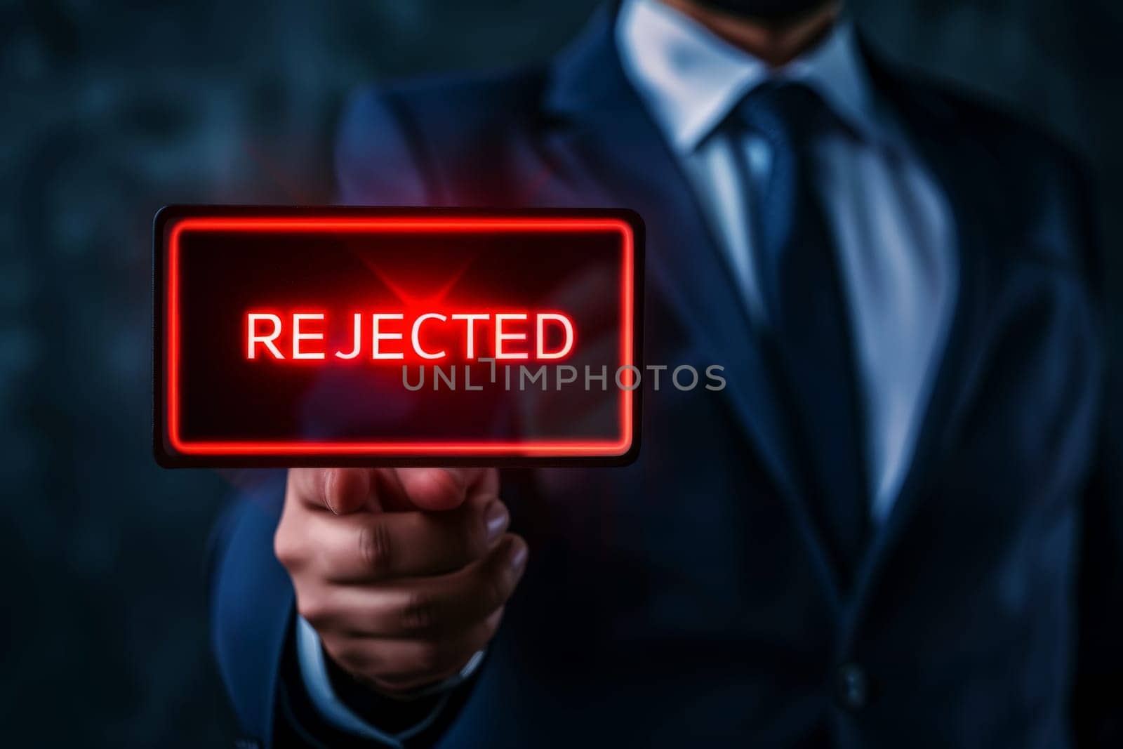 A businessman in a dark blue suit points at rejected notification sign . Generative AI.