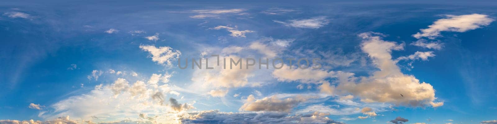 Sunset sky panorama with bright glowing pink Cumulus clouds. HDR 360 seamless spherical panorama. Sky dome or full zenith for 3D visualization, sky replacement for aerial drone panoramas
