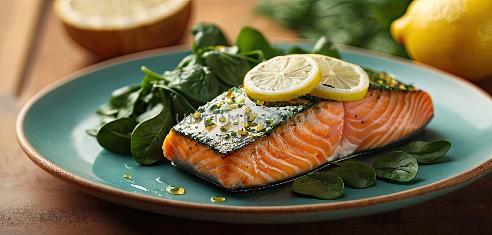 Salmon steak, spinach, lemon. Grilled salmon steak with grill marks, served with fresh spinach and lemon slices, steam rising