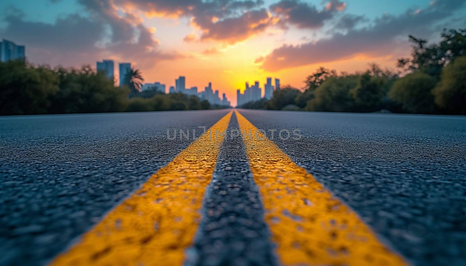 The perspective of the road against the background of sunset and the cityscape. High quality photo