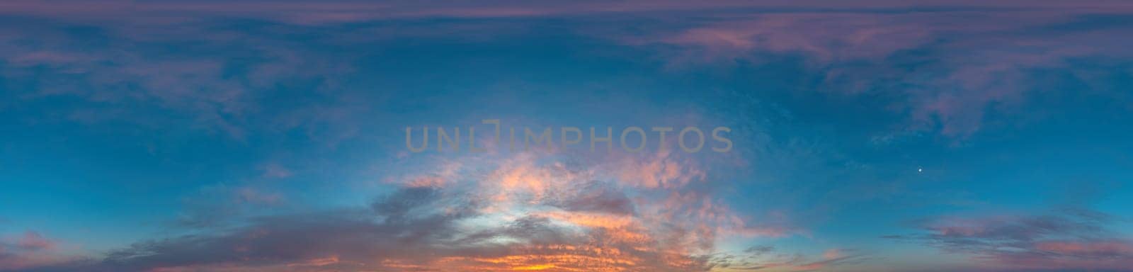 Sky panorama on sunset with Stratocumulus clouds in Seamless spherical equirectangular format as full zenith for use in 3D graphics, game and in aerial drone 360 degree panoramas for sky replacement.