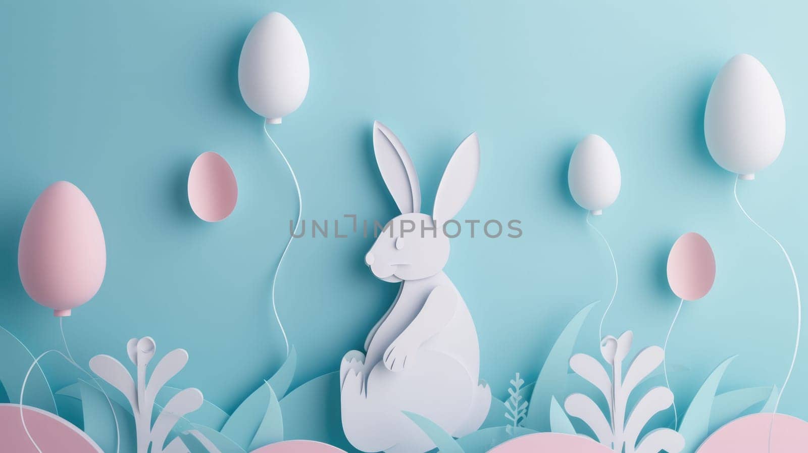 A cute paper Easter rabbit is surrounded by colorful Easter eggs, fluffy clouds, blooming flowers, and floating balloons in a joyful event of happiness AIG42E