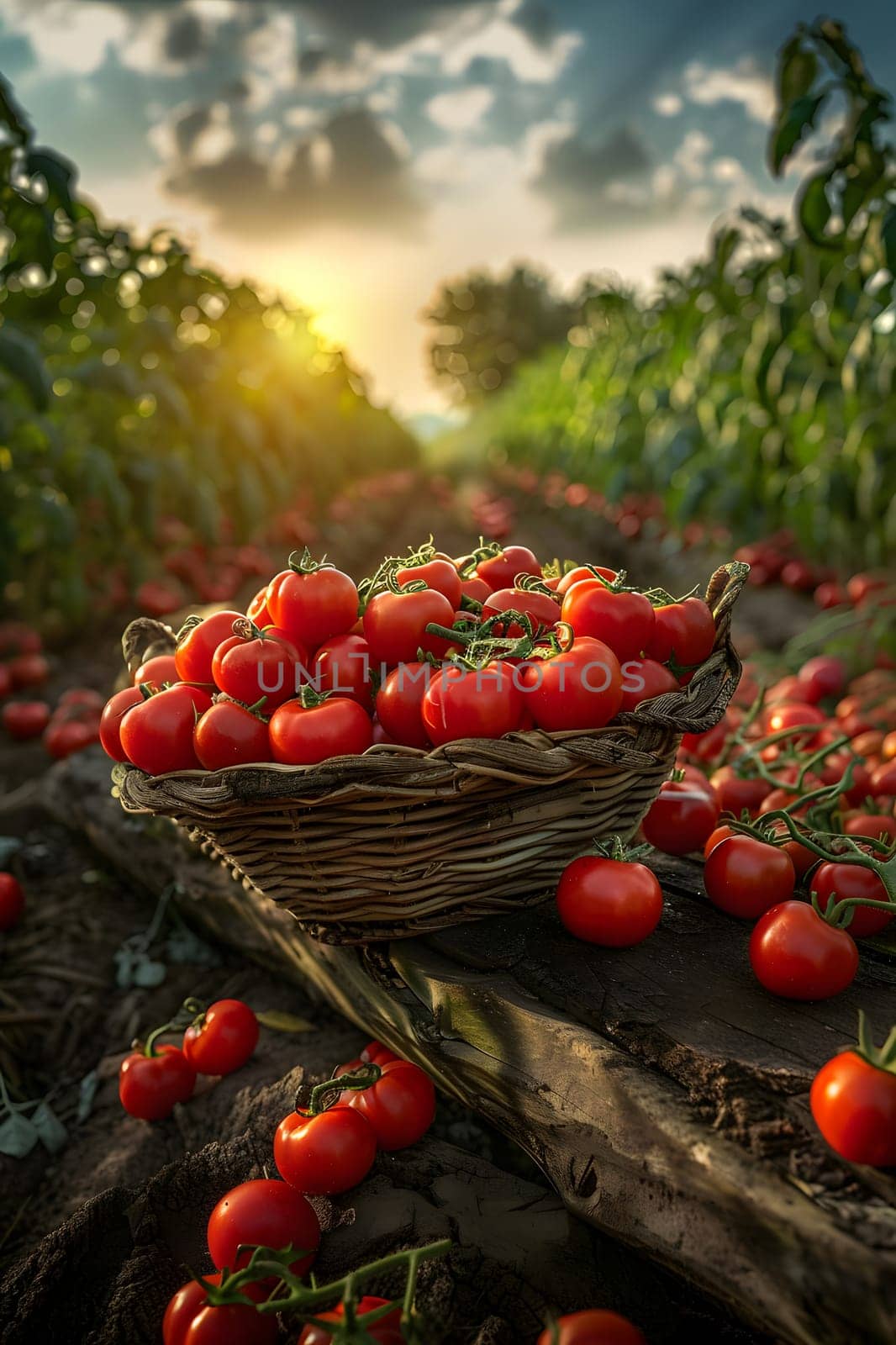 A basket filled with cherry tomatoes is placed on a table in a field under a blue sky with white clouds. The tomatoes are natural foods grown on a plant