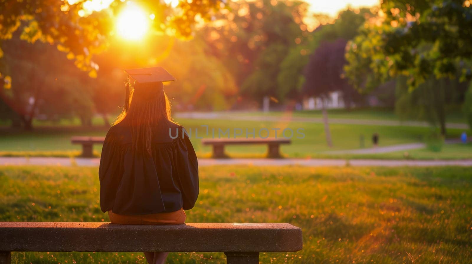 A graduate sits alone on a bench, watching the sunset and contemplating the path forward in a quiet park. AI generated.